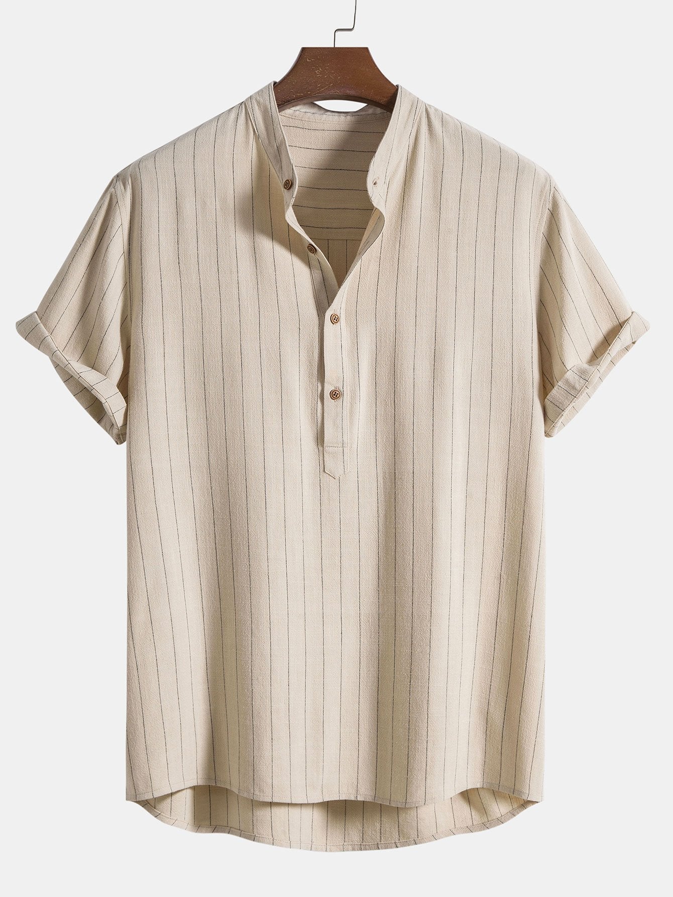 Leinenmischung gestreiftes halb offenes Placket Henley-Kragenhemd & gerade geschnittene Leinenhose - Image 6