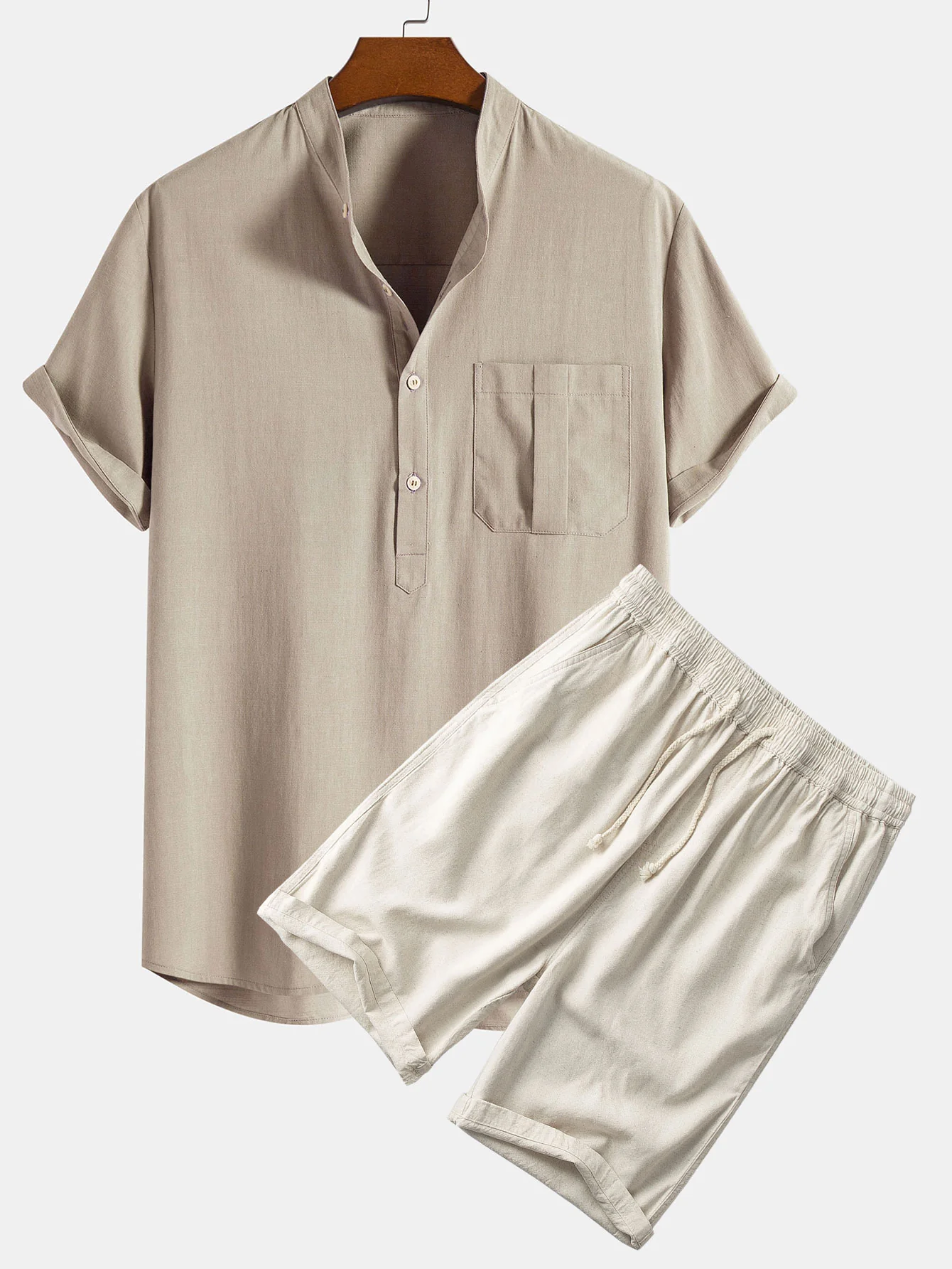 Leinen-Look Henley-Kragen-Shirt & Leinen-Baumwoll-Mix 11" Shorts
