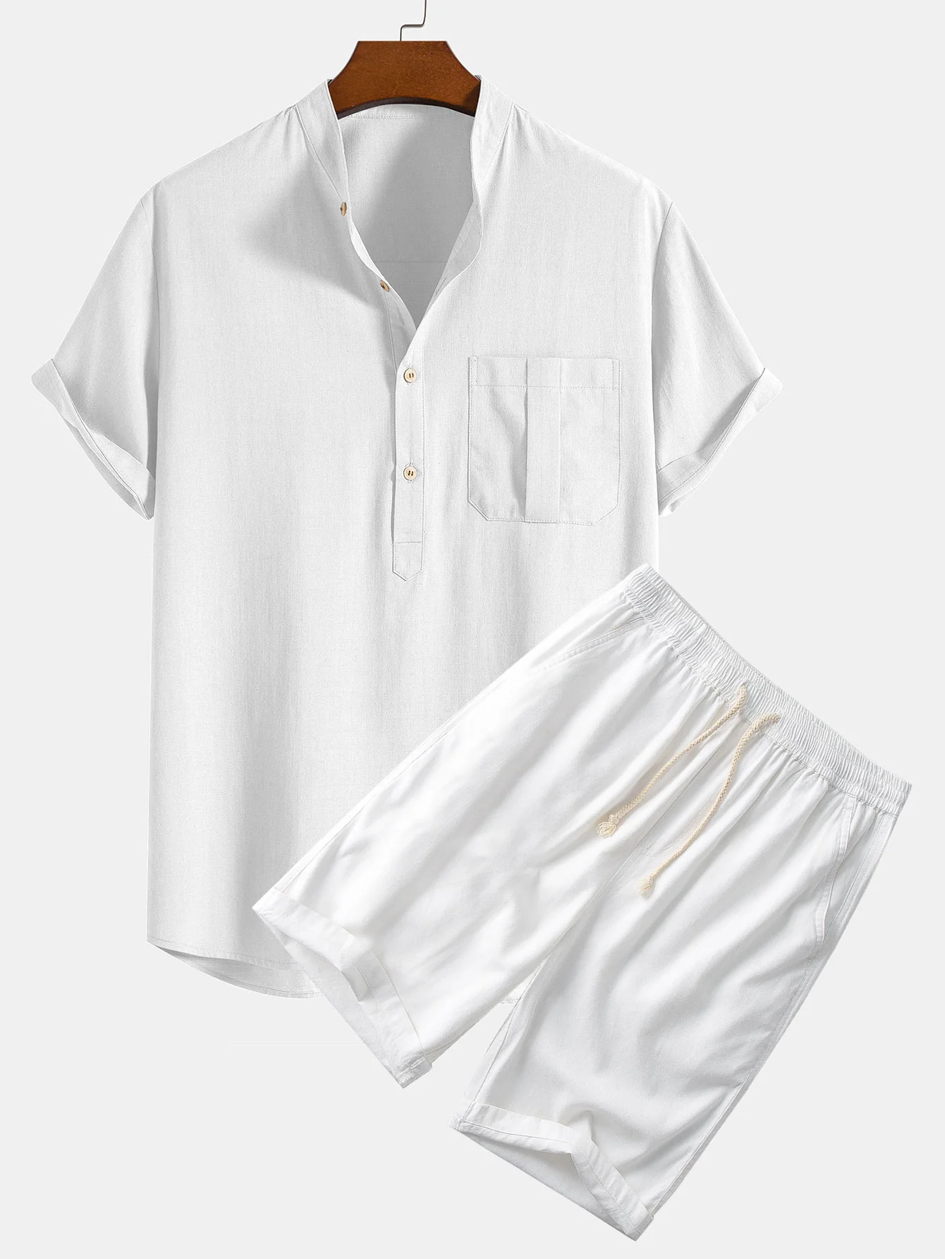 Leinen-Look Henley-Kragen-Shirt & Leinen-Baumwoll-Mix 11" Shorts - Image 2