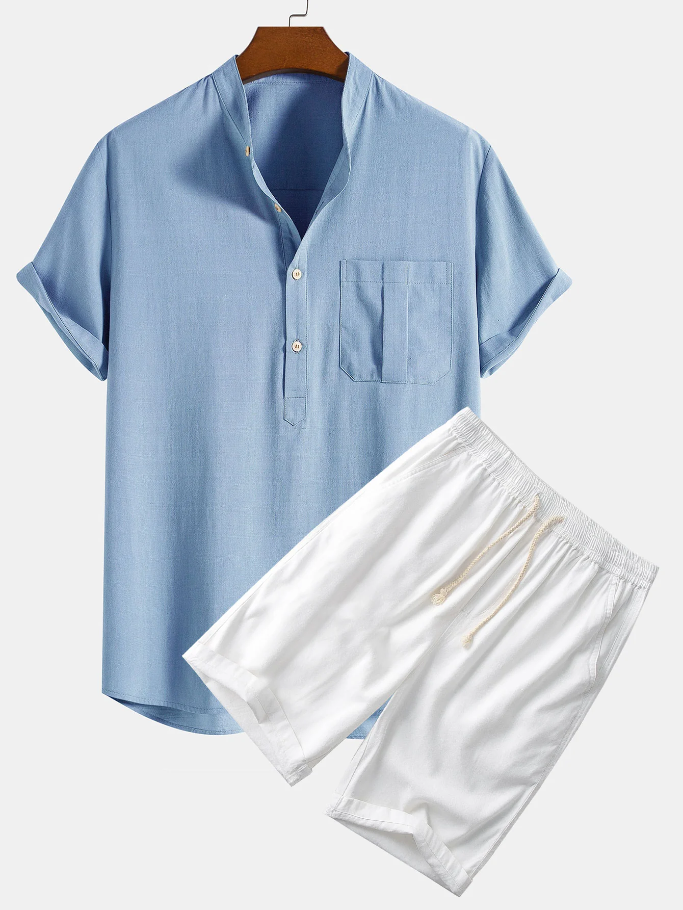 Leinen-Look Henley-Kragen-Shirt & Leinen-Baumwoll-Mix 11" Shorts - Image 3