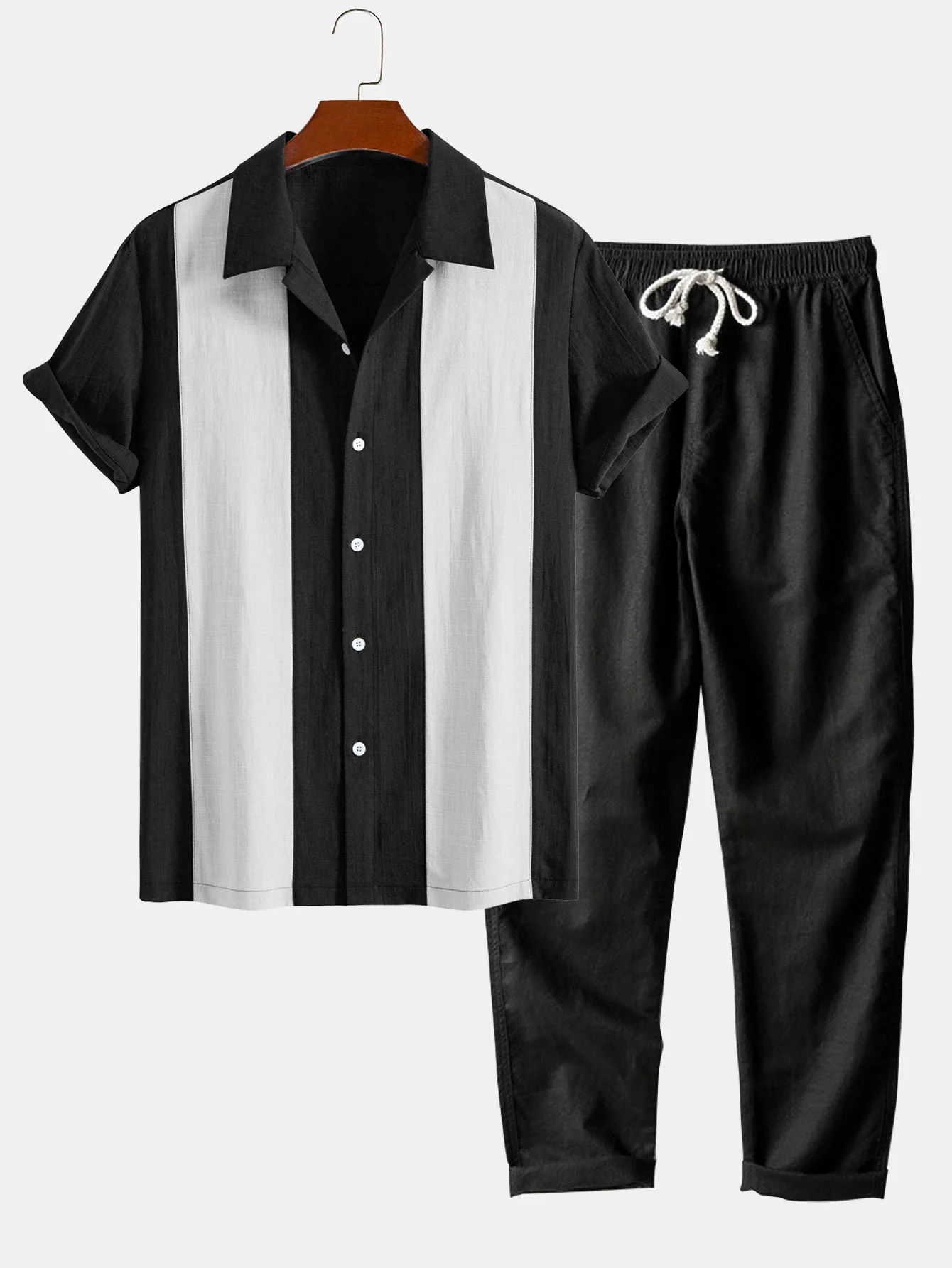 Leinen-Look Patchwork Bowlinghemd & gerade Leinenhose - Image 2