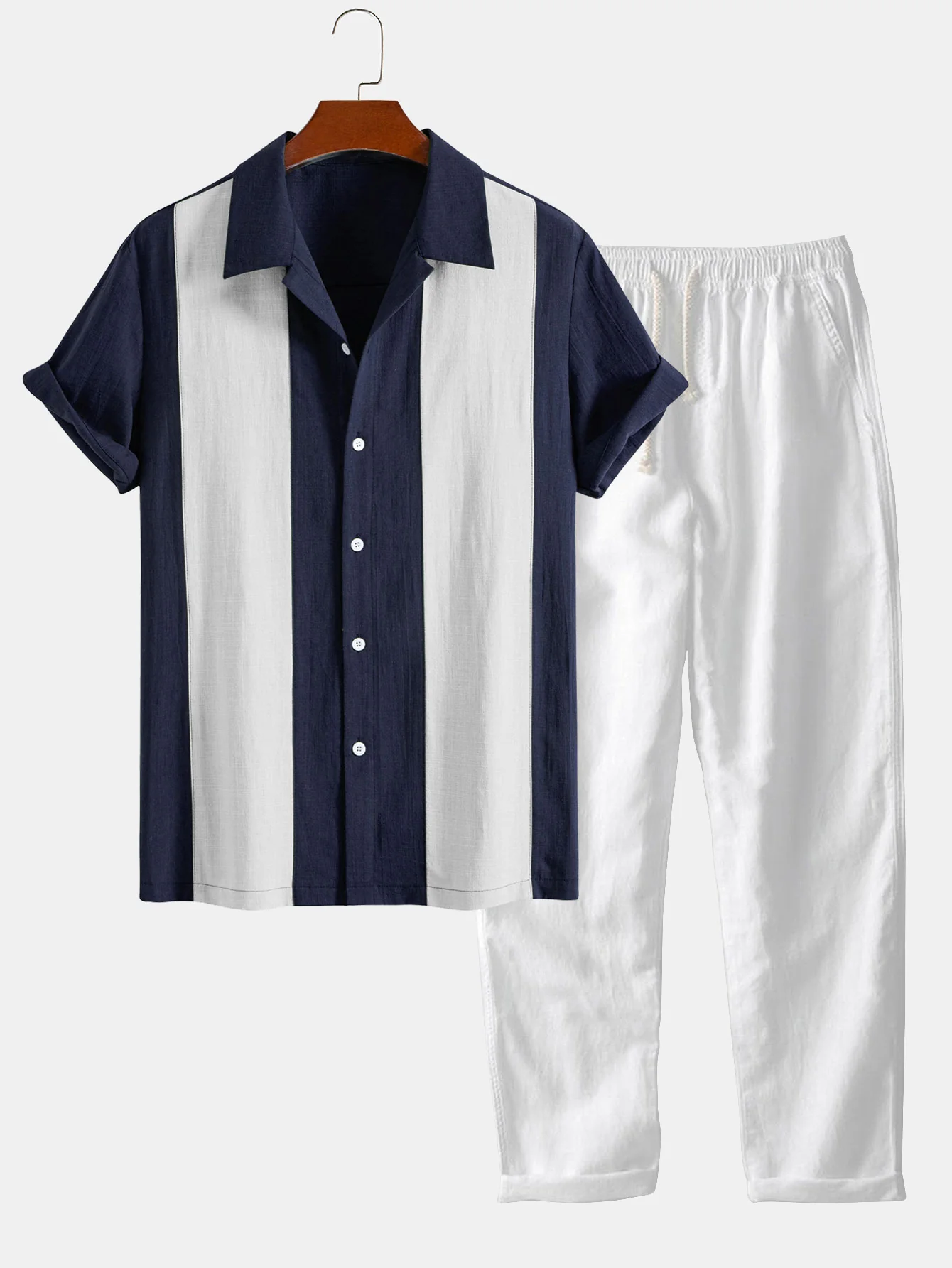 Leinen-Look Patchwork Bowlinghemd & gerade Leinenhose - Image 3