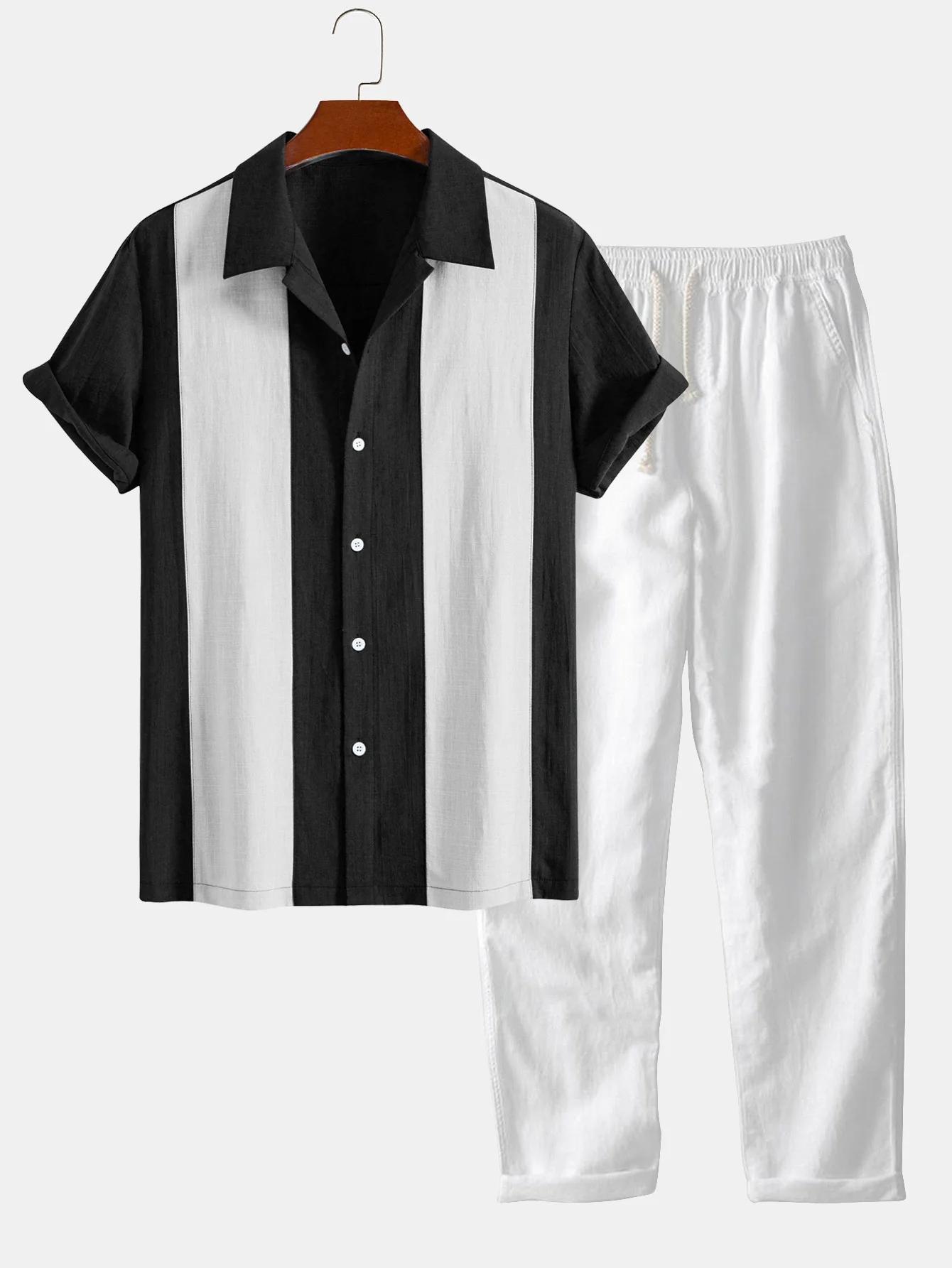 Leinen-Look Patchwork Bowlinghemd & gerade Leinenhose - Image 4