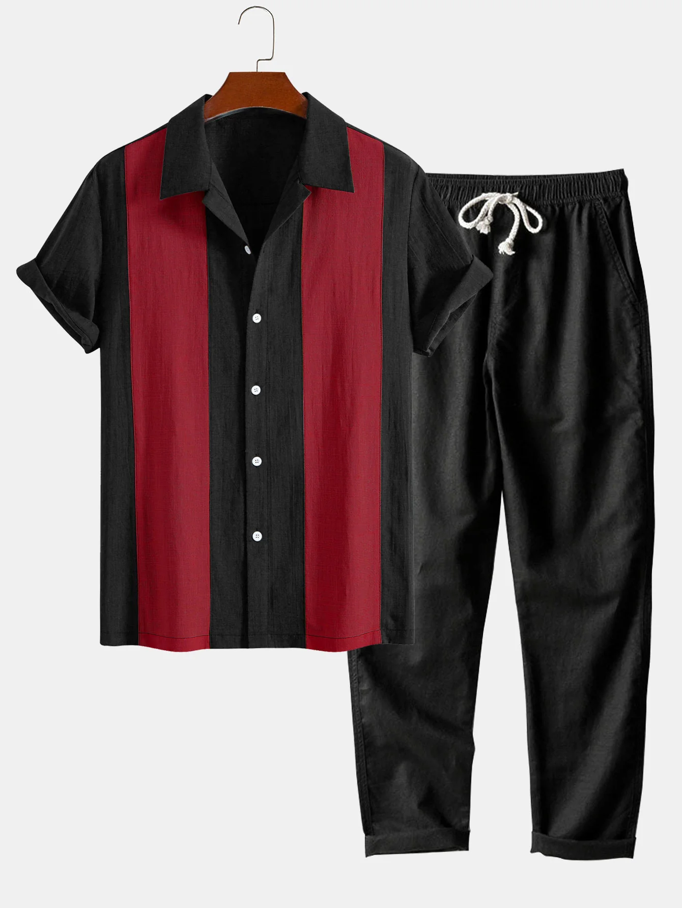 Leinen-Look Patchwork Bowlinghemd & gerade Leinenhose - Image 6