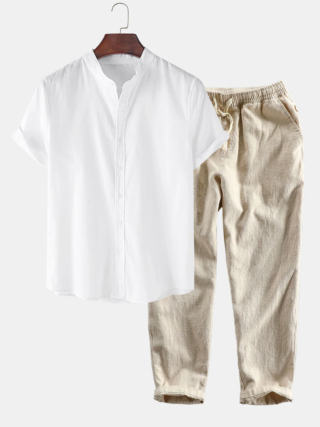 Leinen-Look Kurzarm-Hemd mit Stehkragen & Leinen-Baumwoll-Mix Cropped-Hose