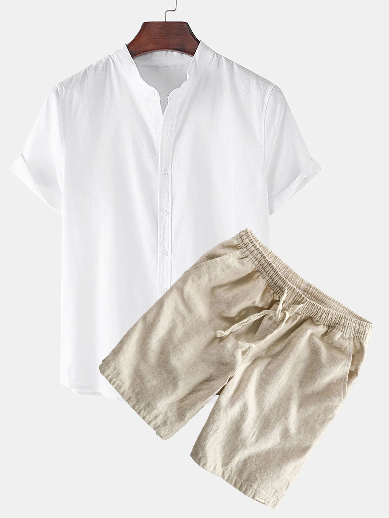 Leinen-Look Kurzarm Stehkragenhemd & Leinen-Baumwoll-Mix Shorts mit Kordelzug