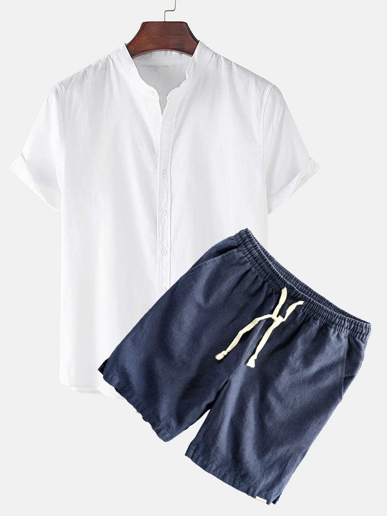 Leinen-Look Kurzarm Stehkragenhemd & Leinen-Baumwoll-Mix Shorts mit Kordelzug - Image 2
