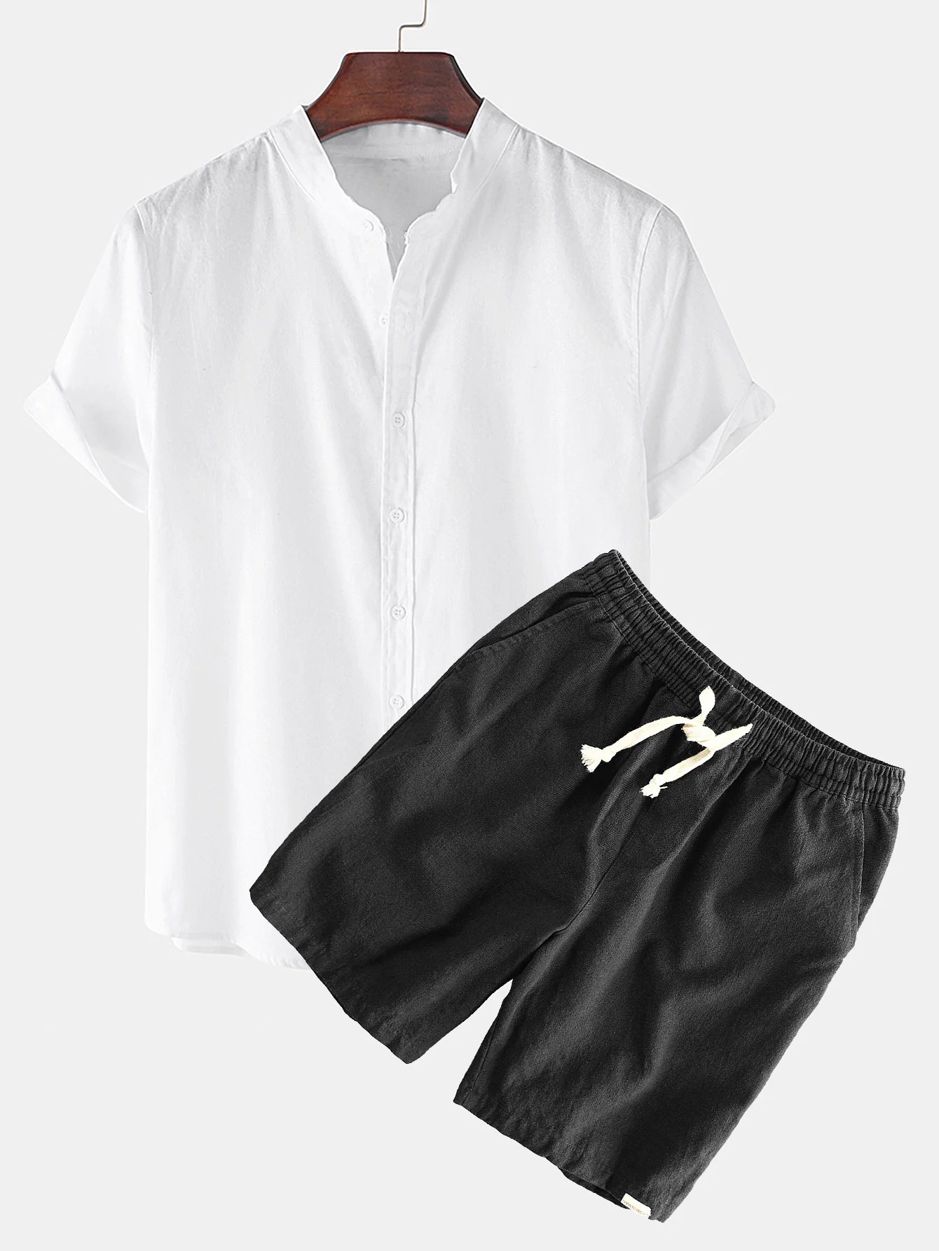 Leinen-Look Kurzarm Stehkragenhemd & Leinen-Baumwoll-Mix Shorts mit Kordelzug - Image 3