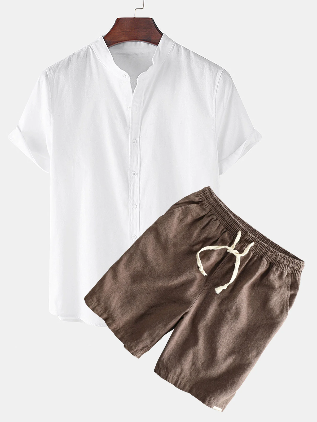 Leinen-Look Kurzarm Stehkragenhemd & Leinen-Baumwoll-Mix Shorts mit Kordelzug - Image 4