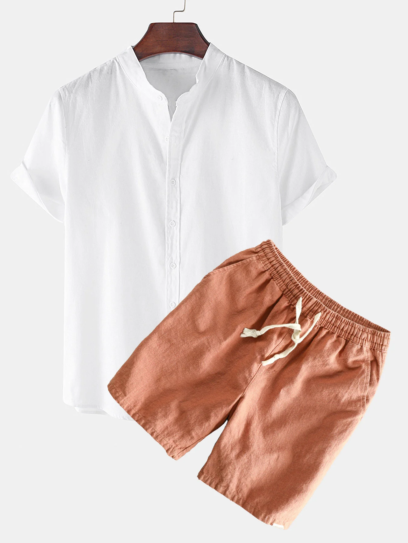 Leinen-Look Kurzarm Stehkragenhemd & Leinen-Baumwoll-Mix Shorts mit Kordelzug - Image 5