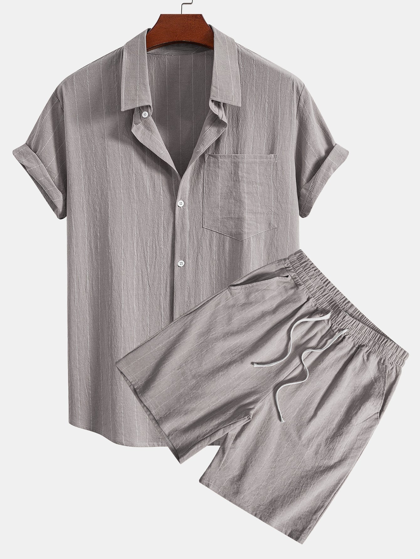 Leinenoptik gestreiftes Hemd mit Knöpfen & Shorts mit Kordelzug - Image 5
