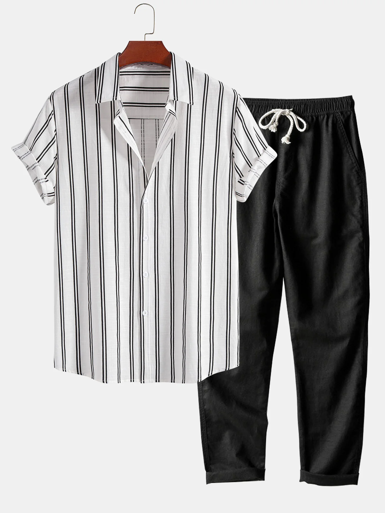 Leinenlook gestreifte Knopfleiste Hemd & gerade Leinenhose - Image 2