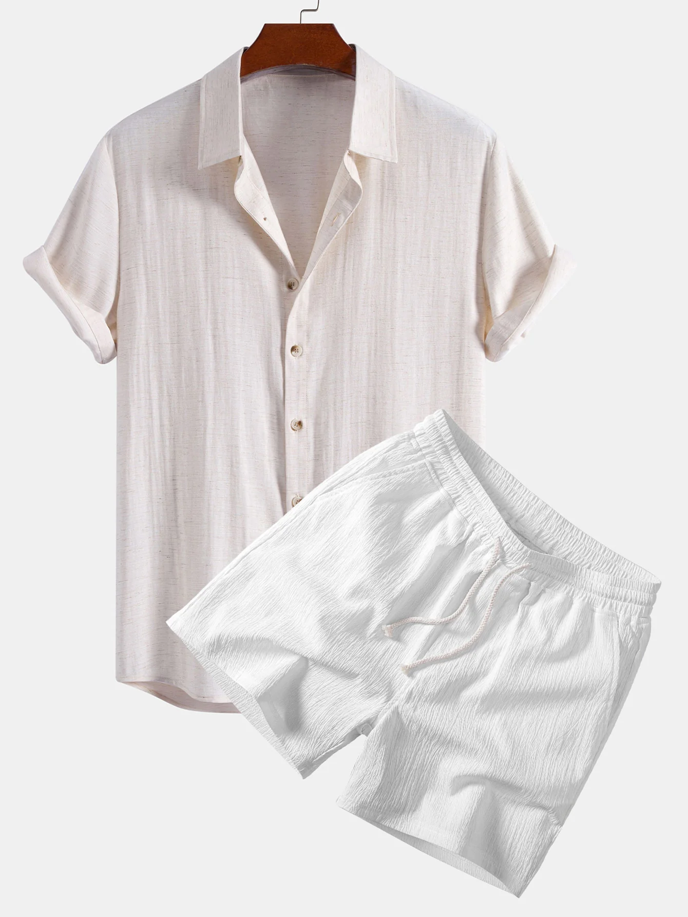 Linen Rayon Blend Button Up Shirt & Crinkle Textured Drawstring 5" Shorts - Image 2