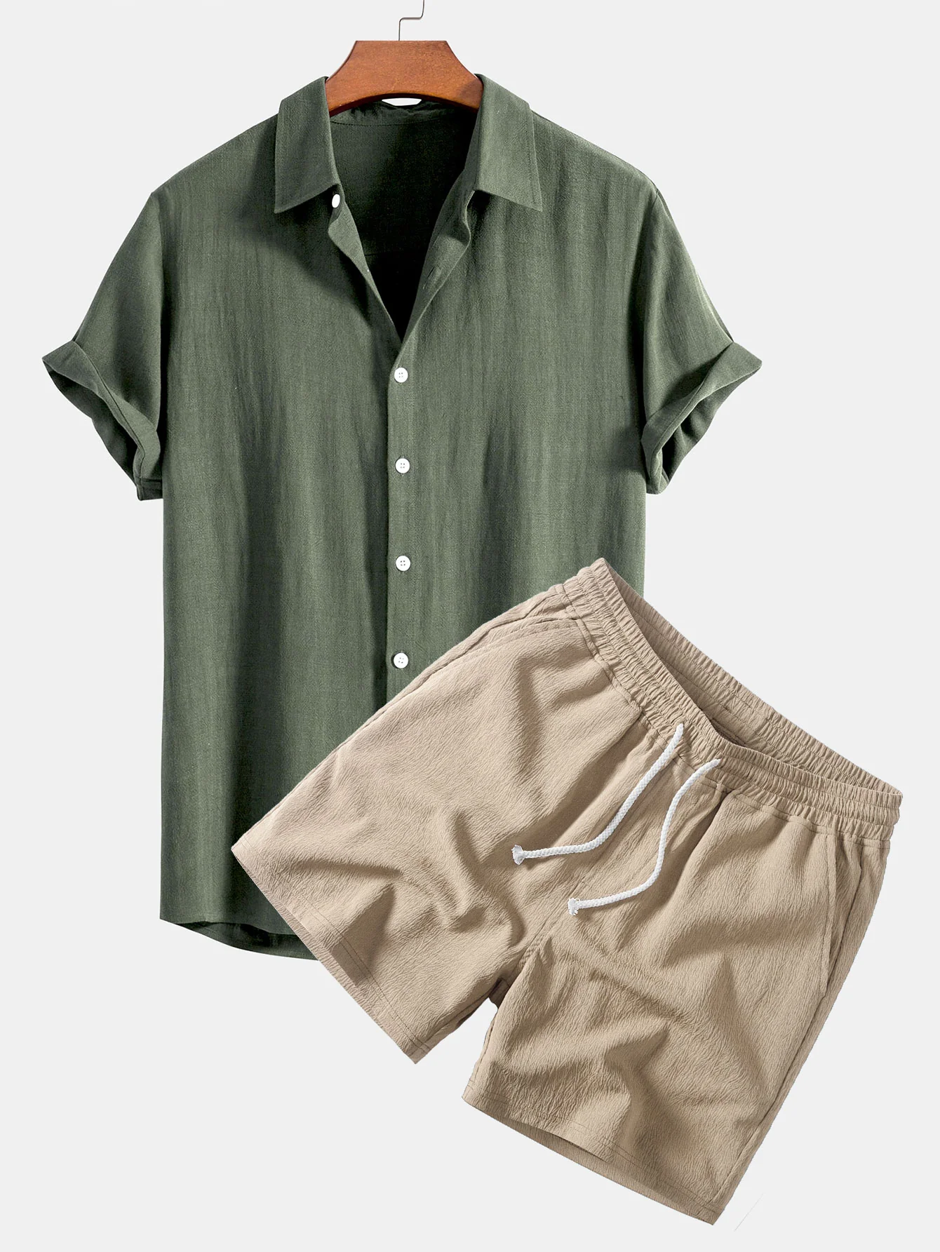 Linen Rayon Blend Button Up Shirt & Crinkle Textured Drawstring 5" Shorts - Image 2