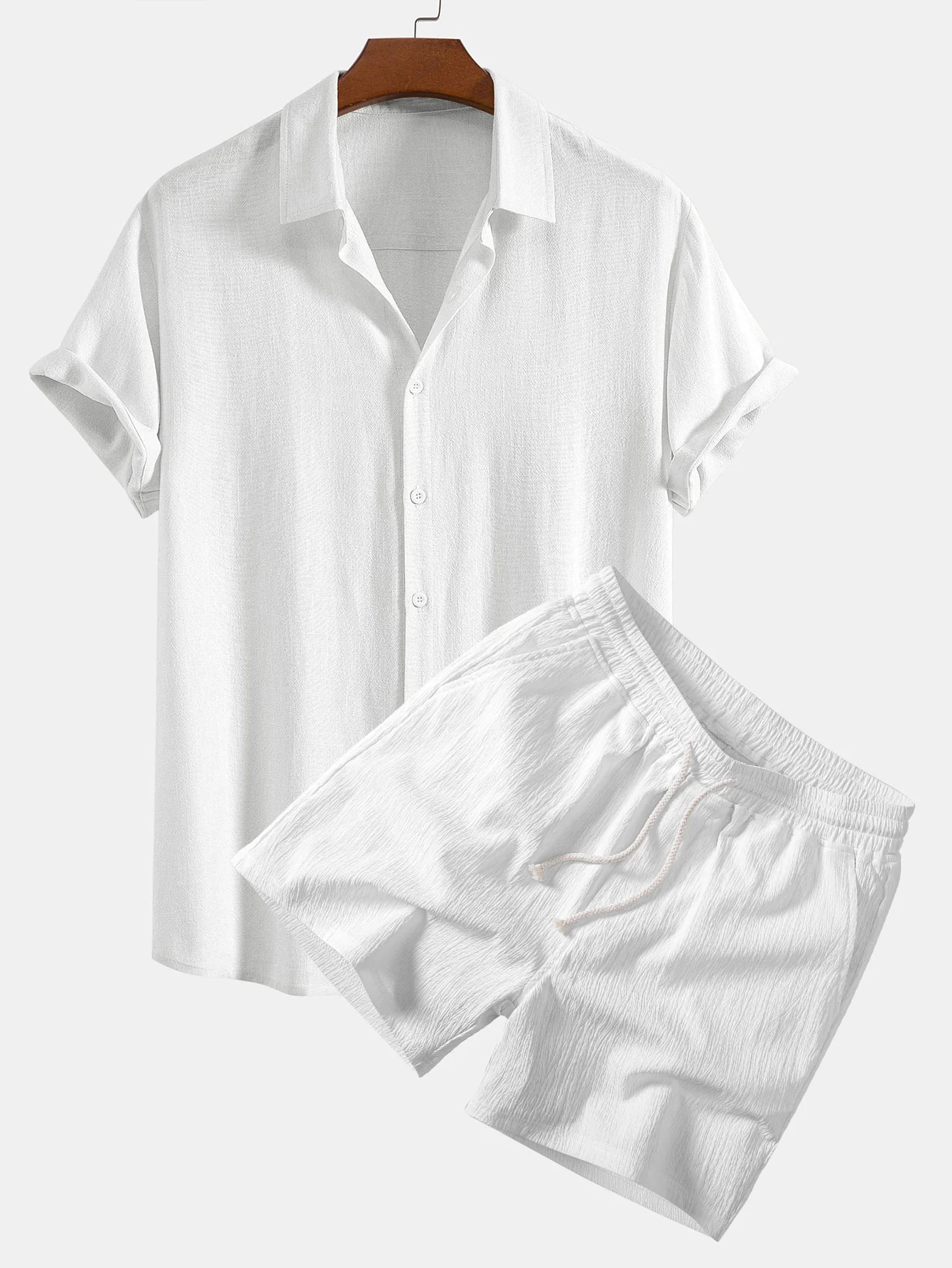 Linen Rayon Blend Button Up Shirt & Crinkle Textured Drawstring 5" Shorts - Image 3