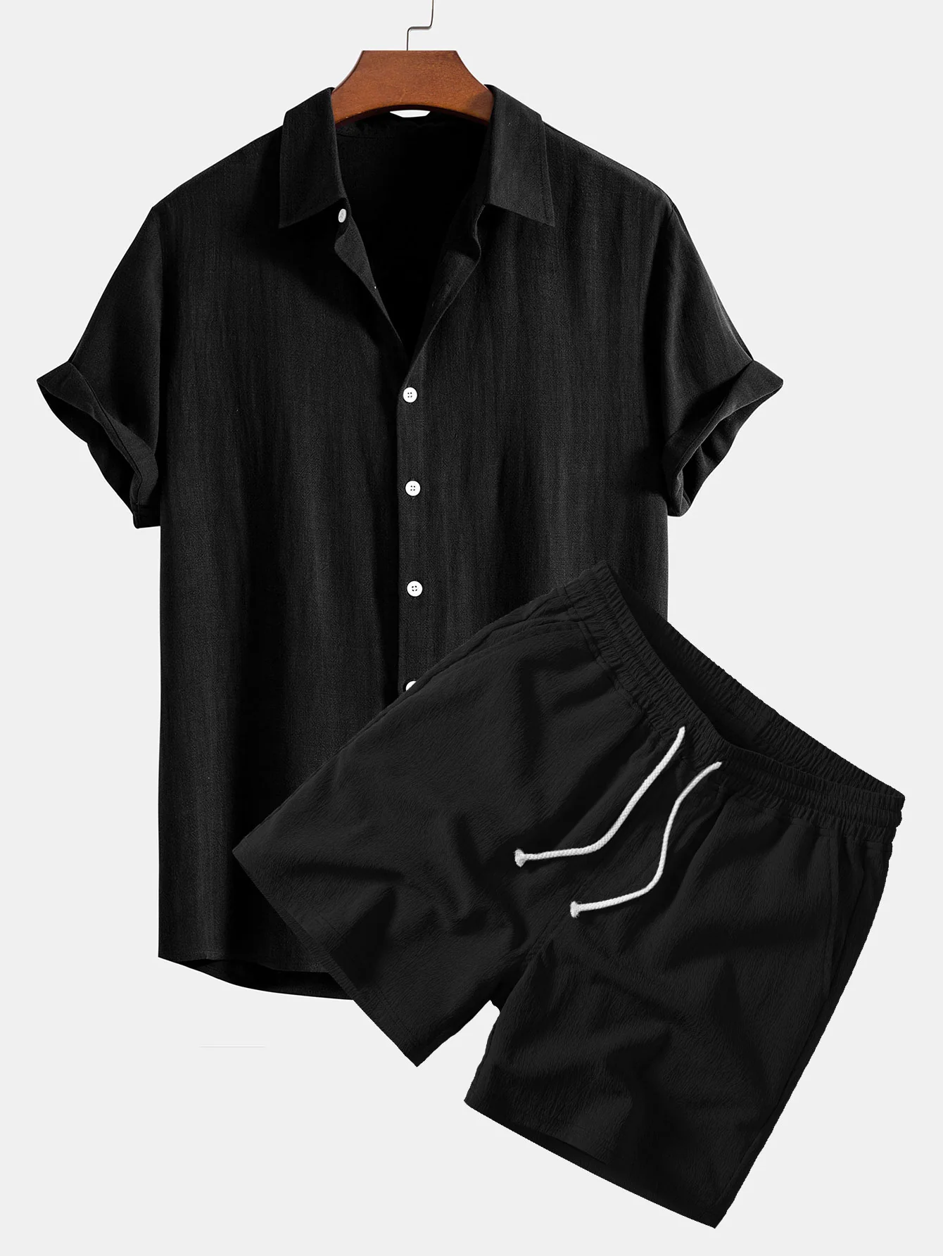 Linen Rayon Blend Button Up Shirt & Crinkle Textured Drawstring 5" Shorts - Image 4