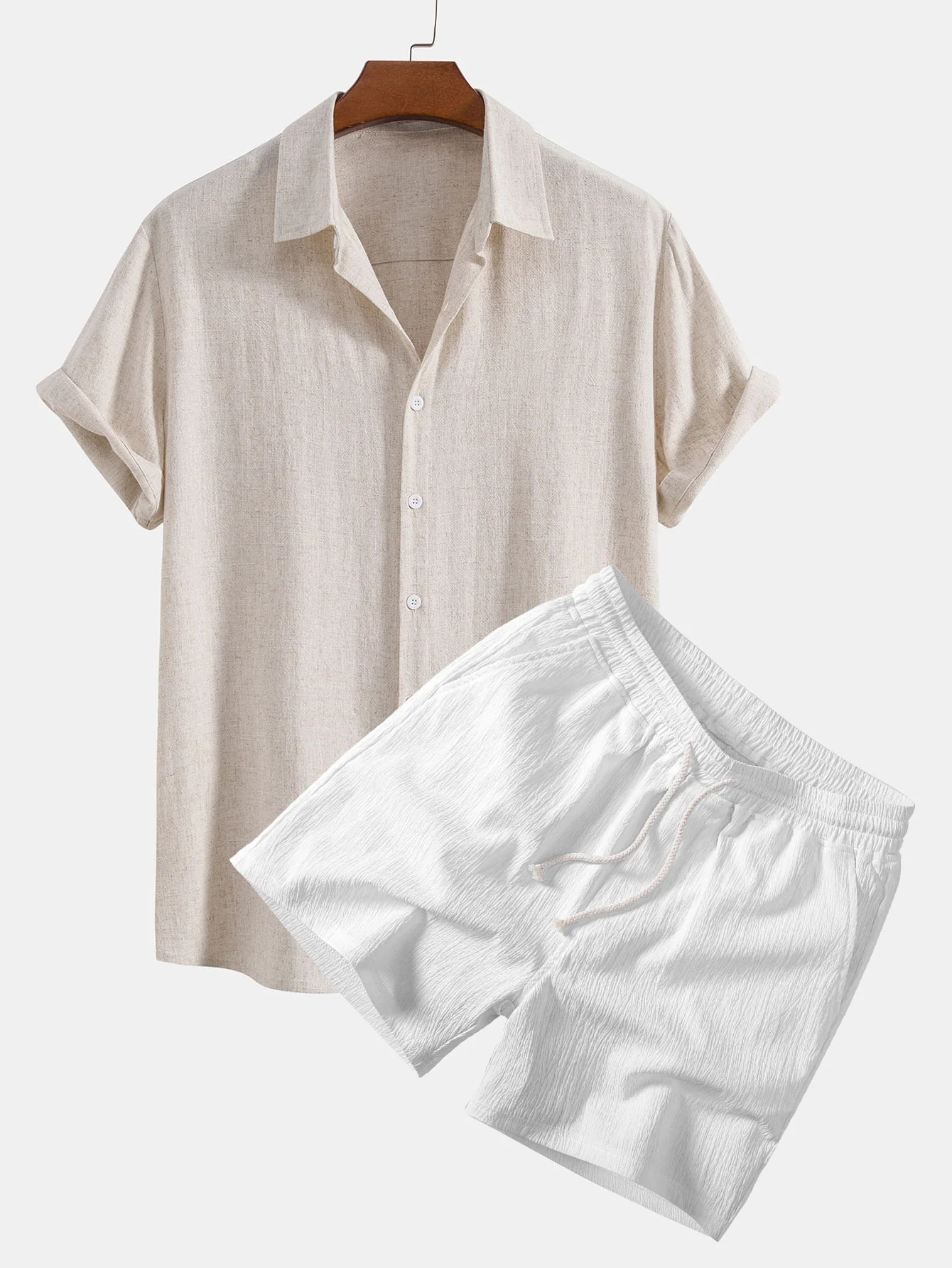 Linen Rayon Blend Button Up Shirt & Crinkle Textured Drawstring 5" Shorts - Image 5