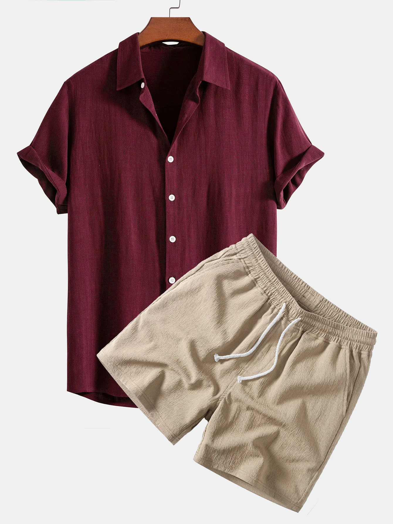 Linen Rayon Blend Button Up Shirt & Crinkle Textured Drawstring 5" Shorts - Image 6