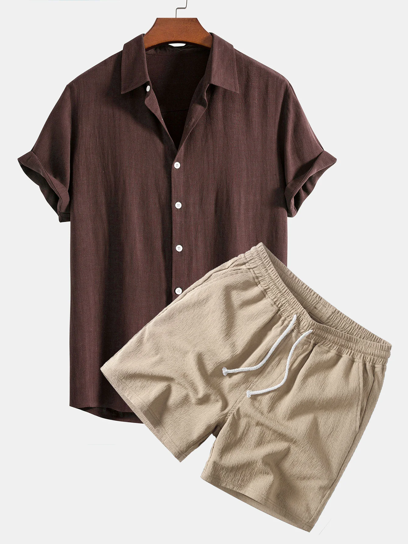 Linen Rayon Blend Button Up Shirt & Crinkle Textured Drawstring 5" Shorts - Image 7