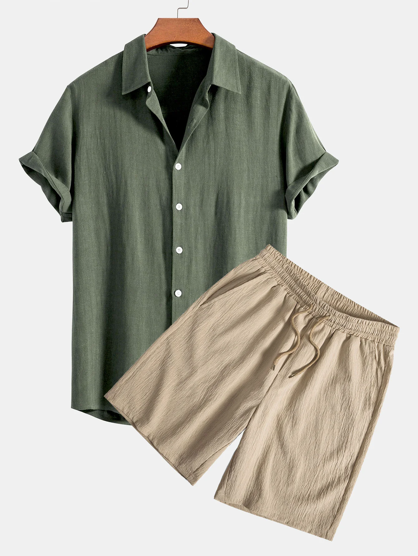 Leinen-Rayon-Mischung Hemd mit Knöpfen & gekräuselte, strukturierte Shorts mit Kordelzug - Image 2