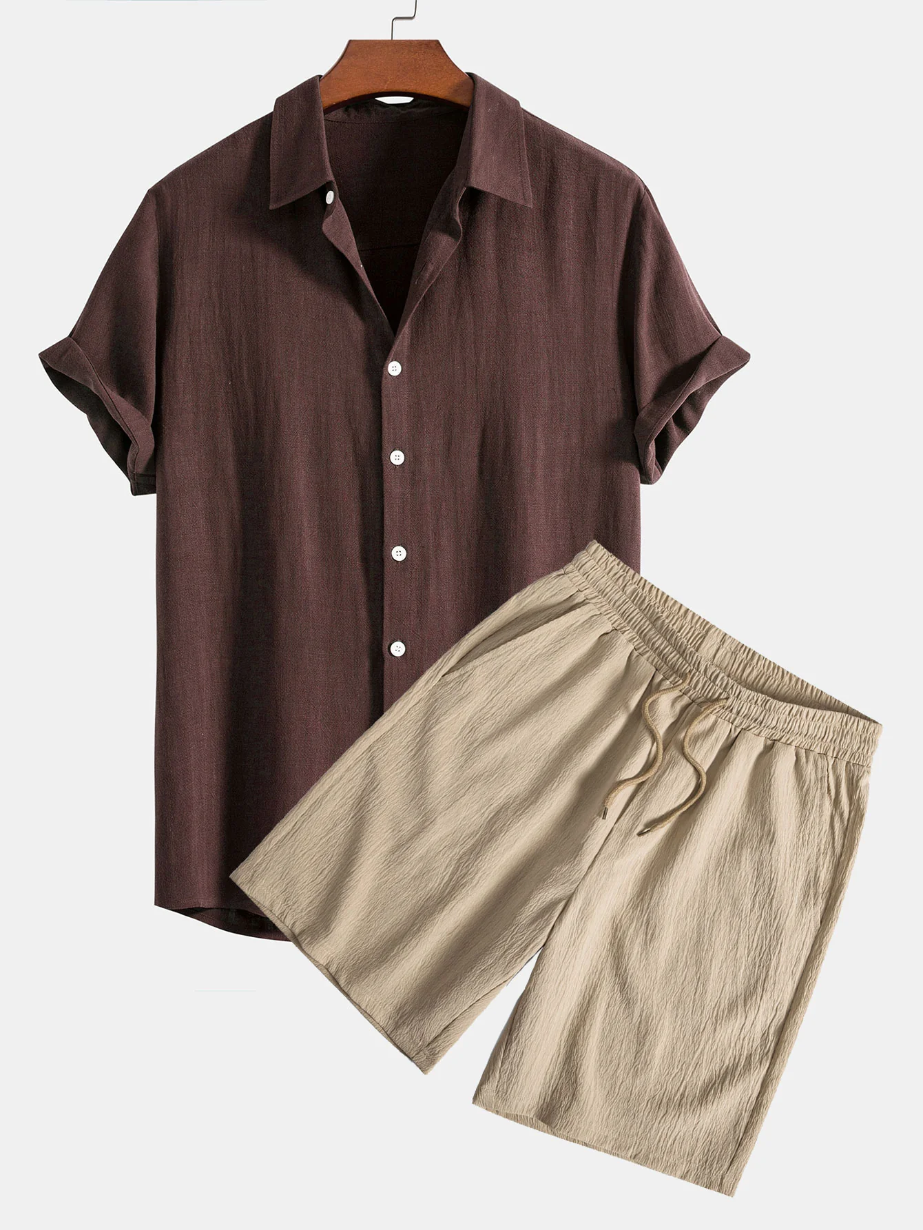 Leinen-Rayon-Mischung Hemd mit Knöpfen & gekräuselte, strukturierte Shorts mit Kordelzug - Image 3
