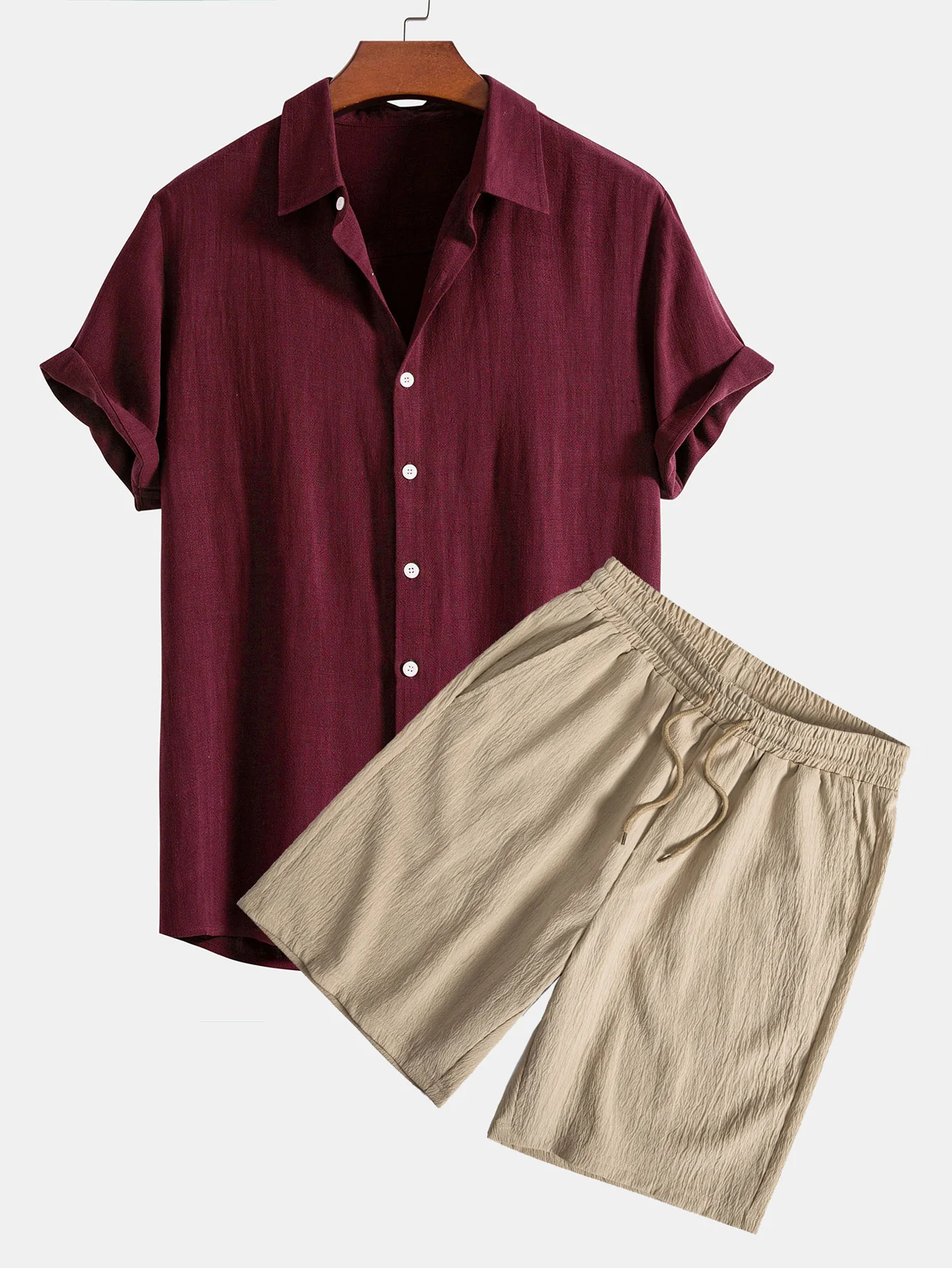 Leinen-Rayon-Mischung Hemd mit Knöpfen & gekräuselte, strukturierte Shorts mit Kordelzug - Image 4