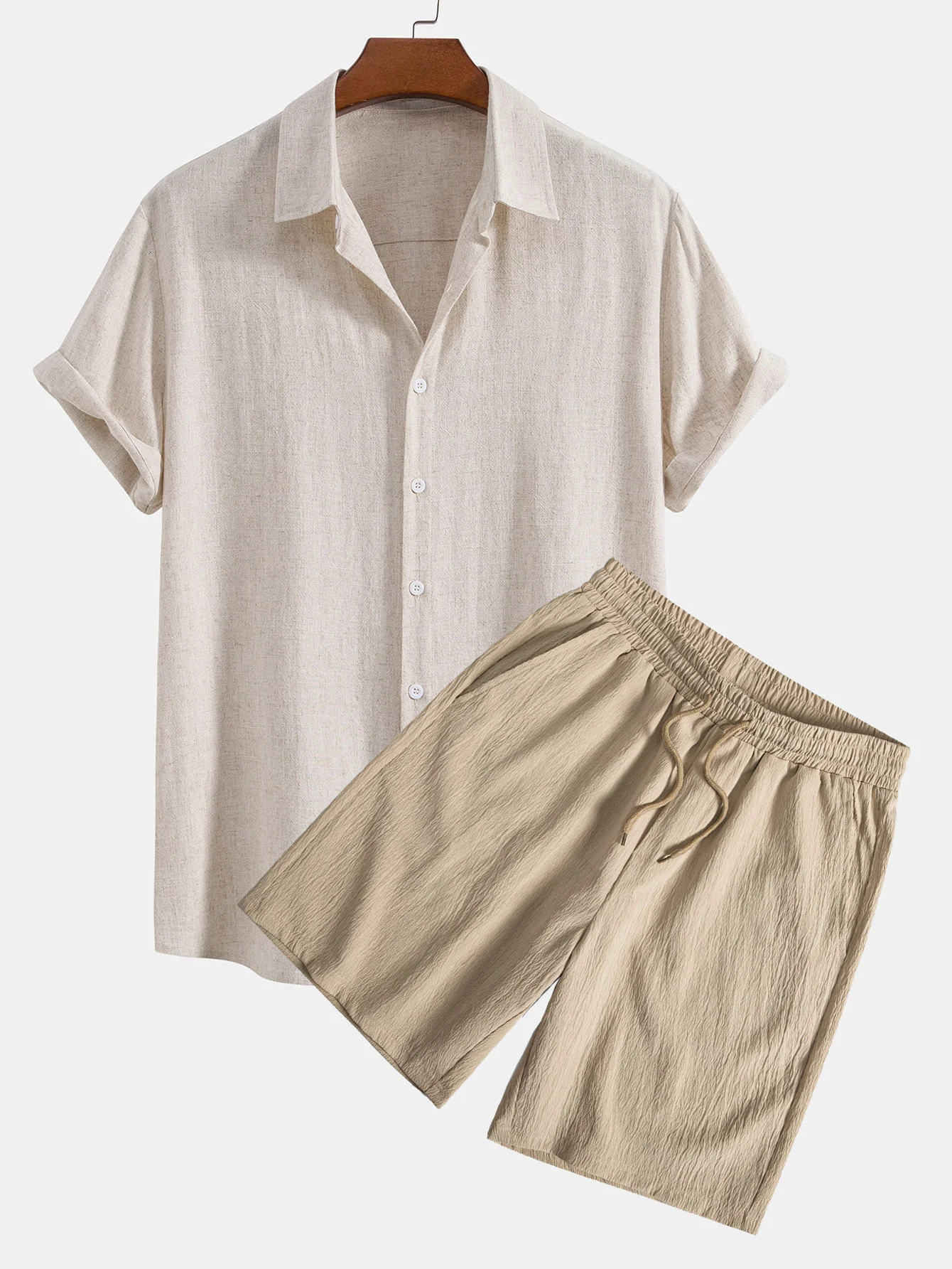 Leinen-Rayon-Mischung Hemd mit Knöpfen & gekräuselte, strukturierte Shorts mit Kordelzug - Image 5