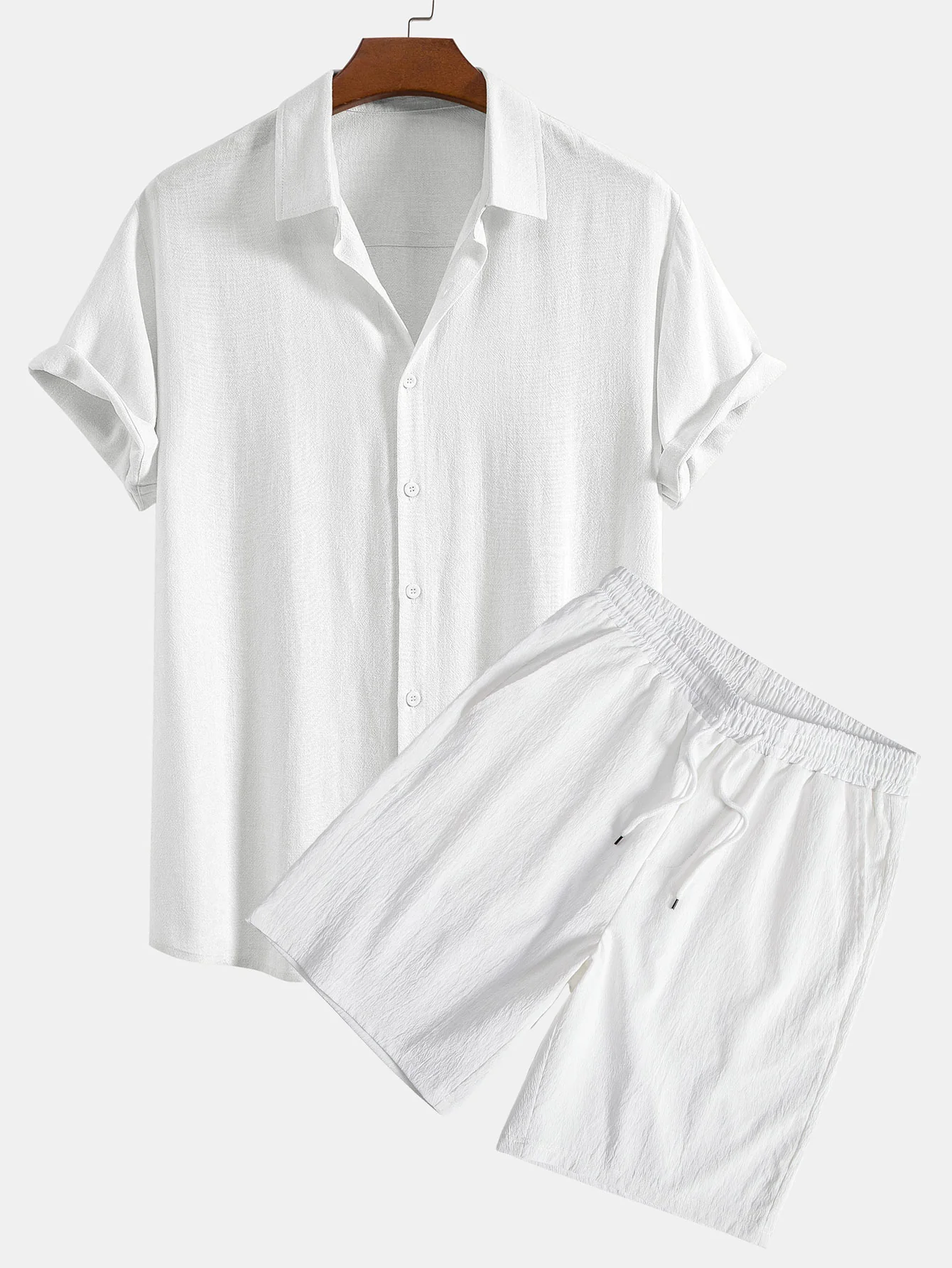 Leinen-Rayon-Mischung Hemd mit Knöpfen & gekräuselte, strukturierte Shorts mit Kordelzug - Image 6