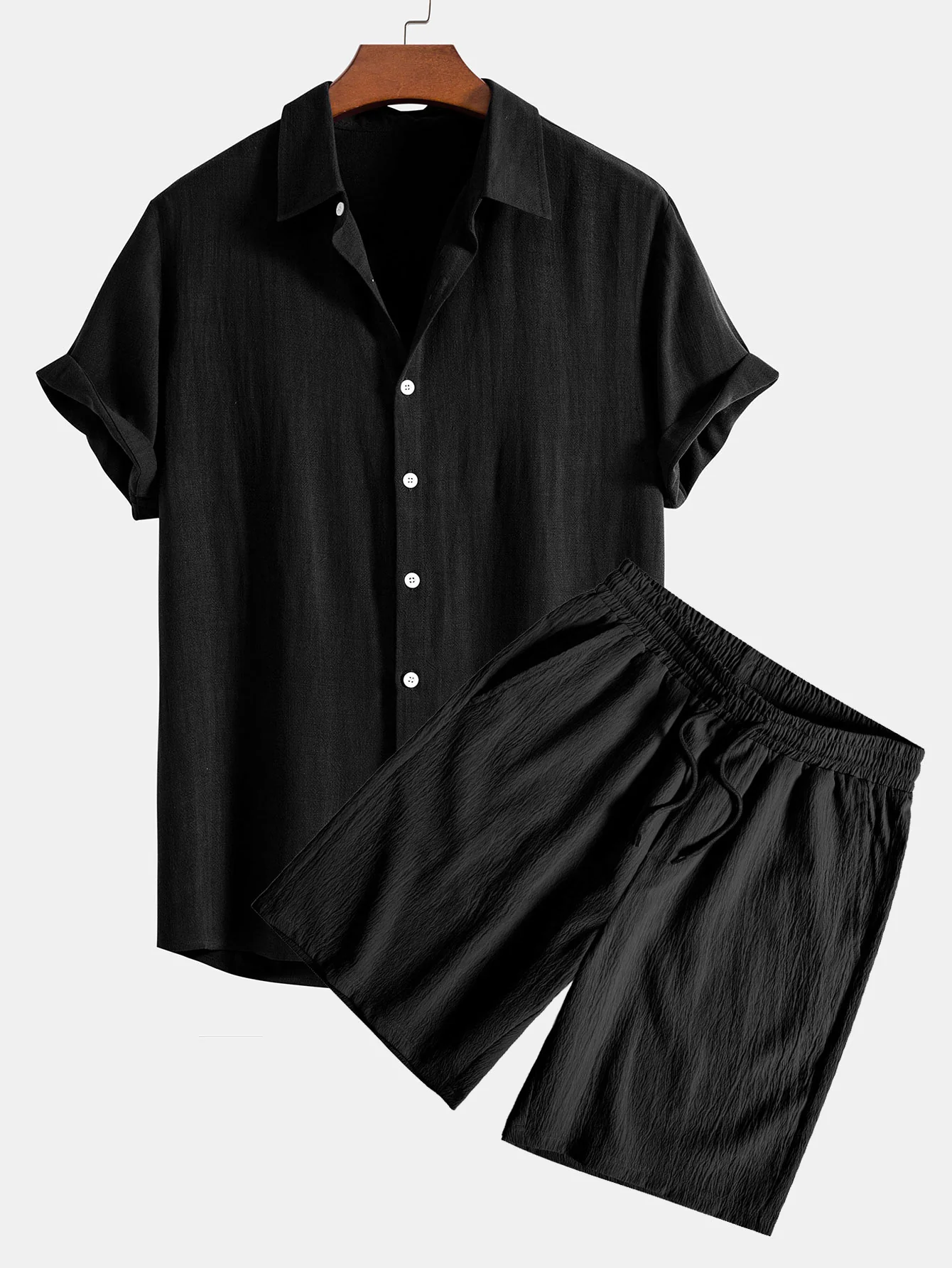 Leinen-Rayon-Mischung Hemd mit Knöpfen & gekräuselte, strukturierte Shorts mit Kordelzug - Image 7