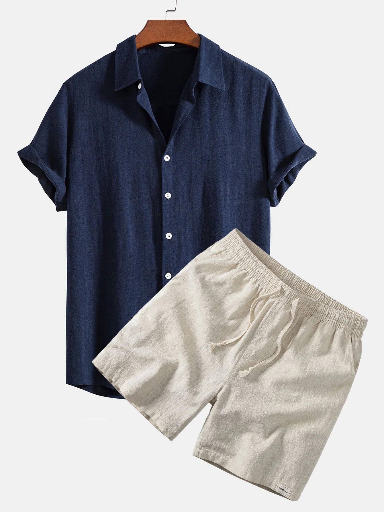 Linen Rayon Blend Button Up Shirt & Linen Blend Drawstring 7" Shorts - Image 2