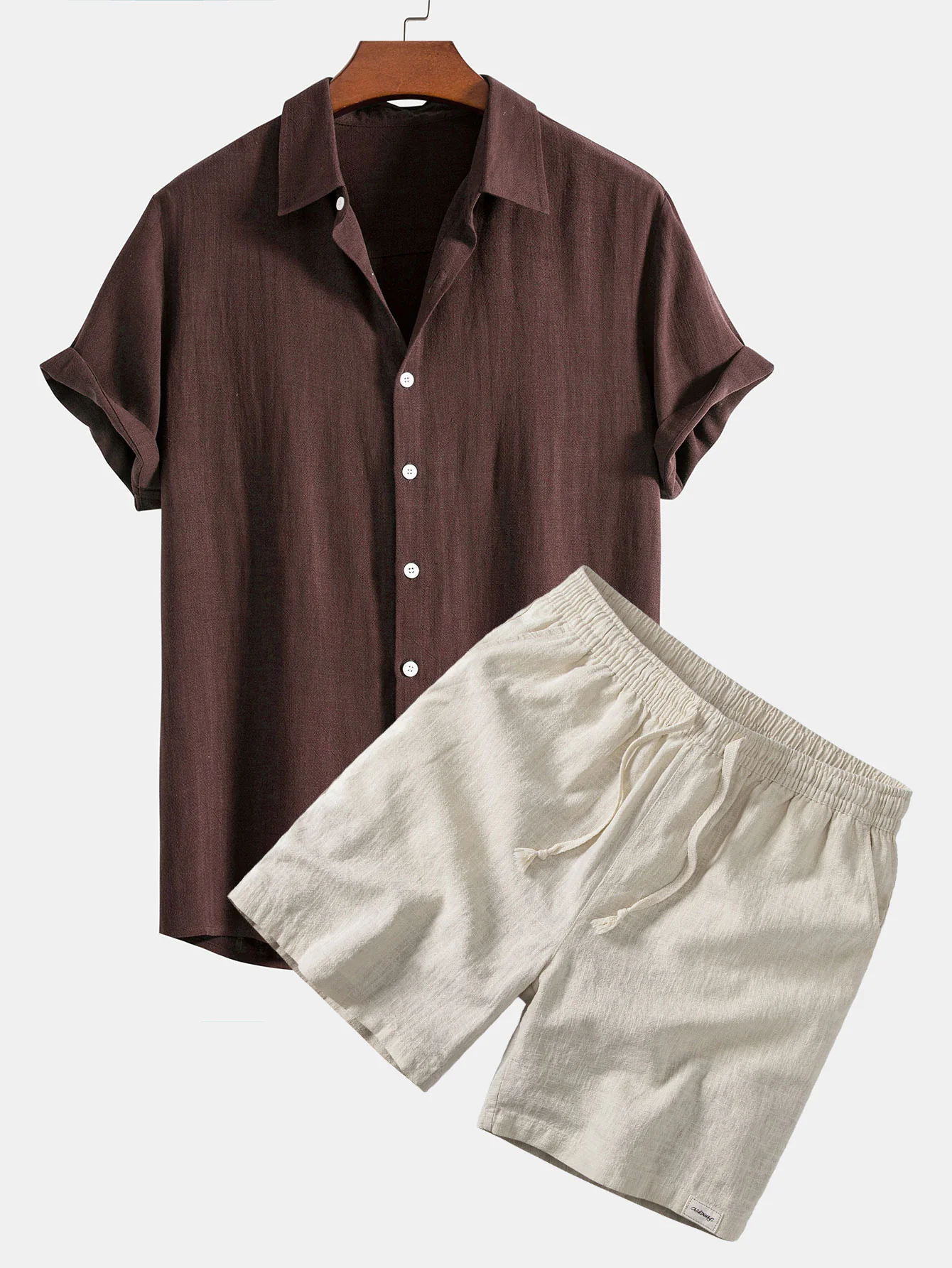 Linen Rayon Blend Button Up Shirt & Linen Blend Drawstring 7" Shorts - Image 3