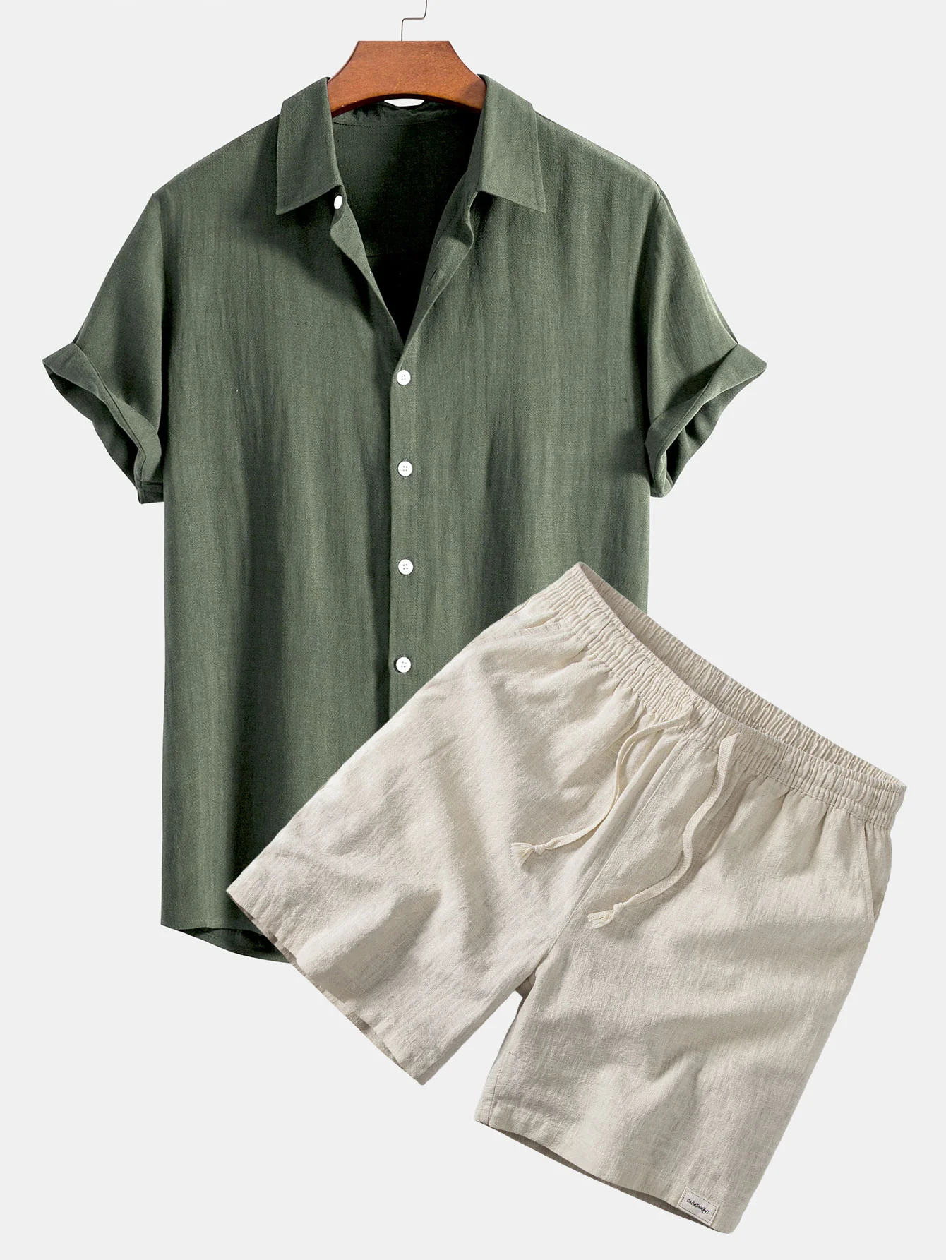 Linen Rayon Blend Button Up Shirt & Linen Blend Drawstring 7" Shorts - Image 4