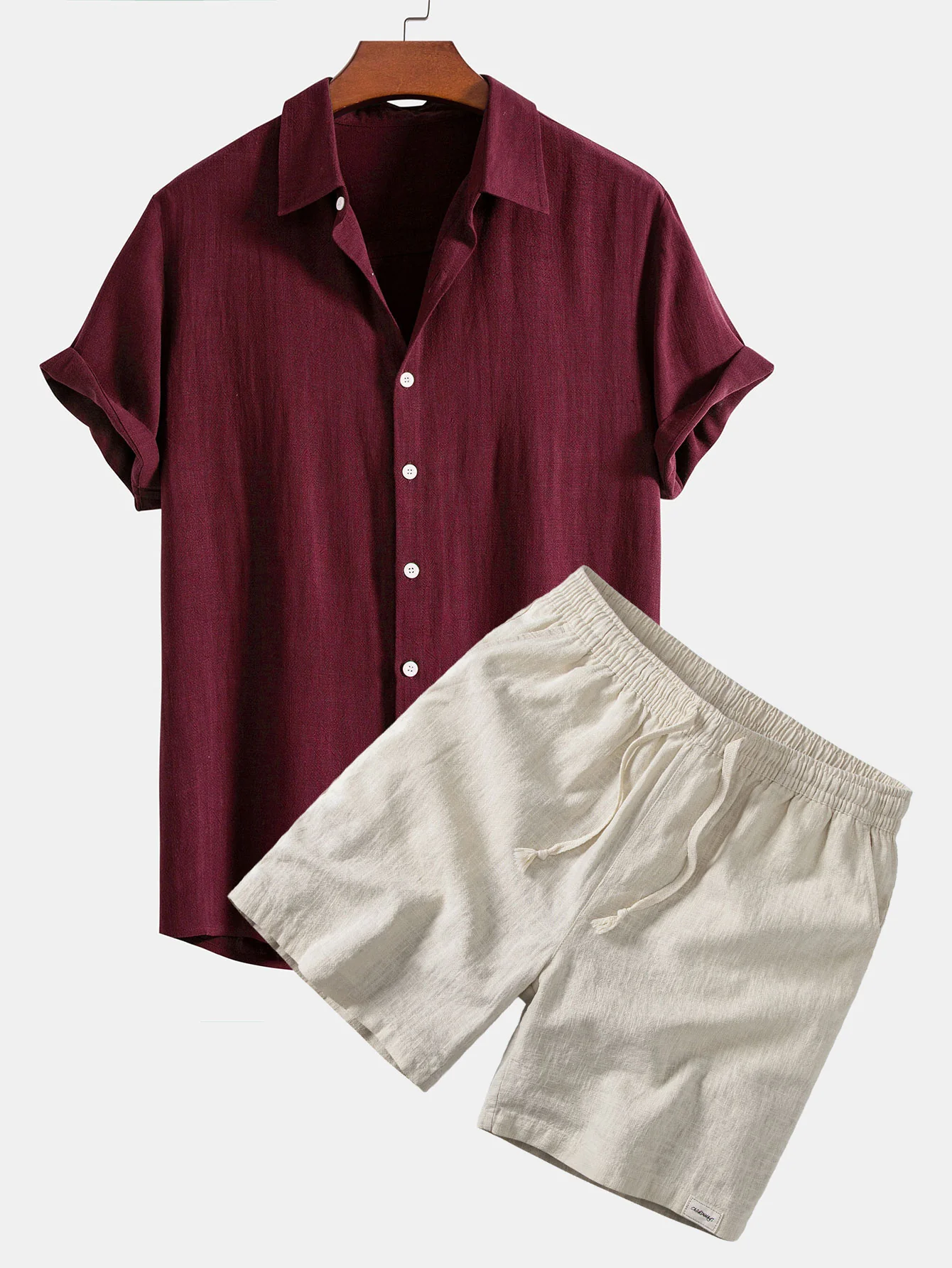 Linen Rayon Blend Button Up Shirt & Linen Blend Drawstring 7" Shorts - Image 5