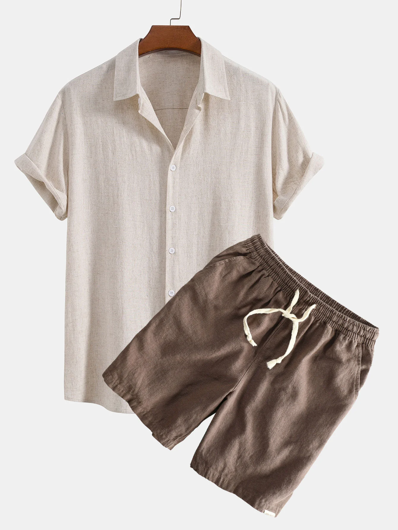 Leinen-Rayon-Mischung Knopf-Down-Hemd & Leinen-Baumwoll-Mischung Kordelzug-Shorts