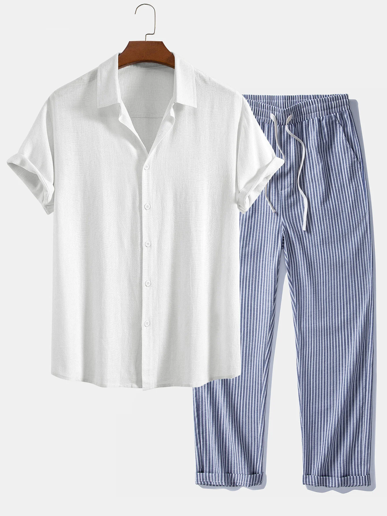 Linen Rayon Blend Button Up Shirt & Linen Look Stripe Straight Leg Pants - Image 2