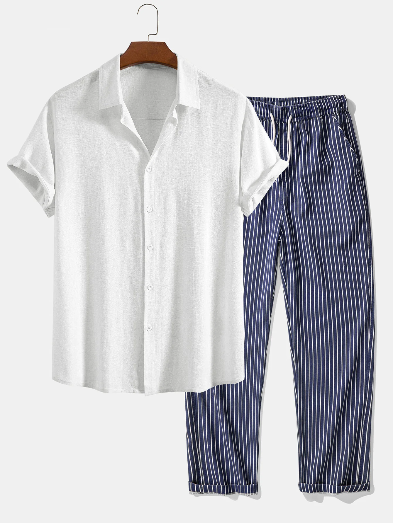 Linen Rayon Blend Button Up Shirt & Stripe Straight Leg Linen Pants - Image 2