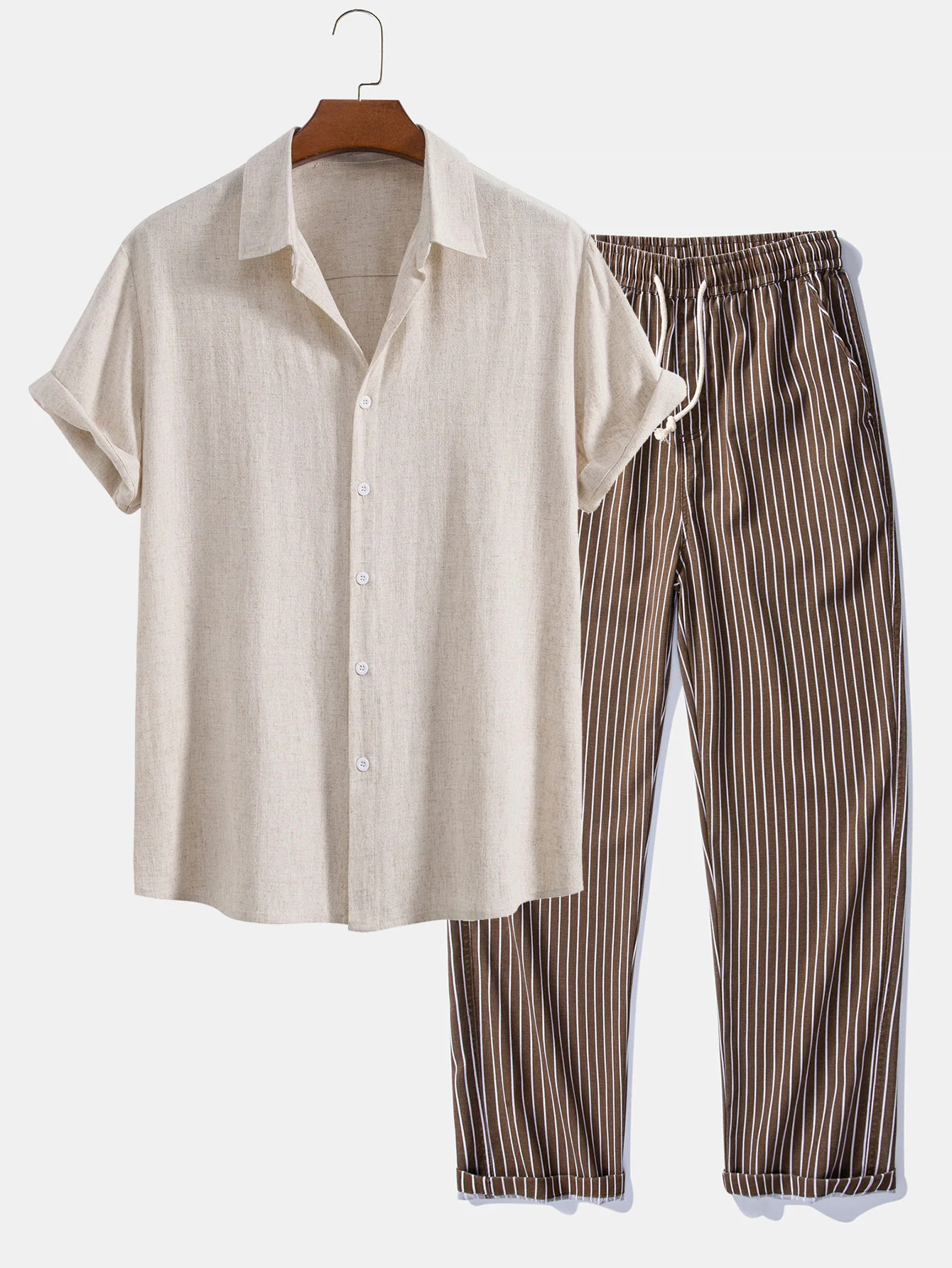 Linen Rayon Blend Button Up Shirt & Stripe Straight Leg Linen Pants - Image 3