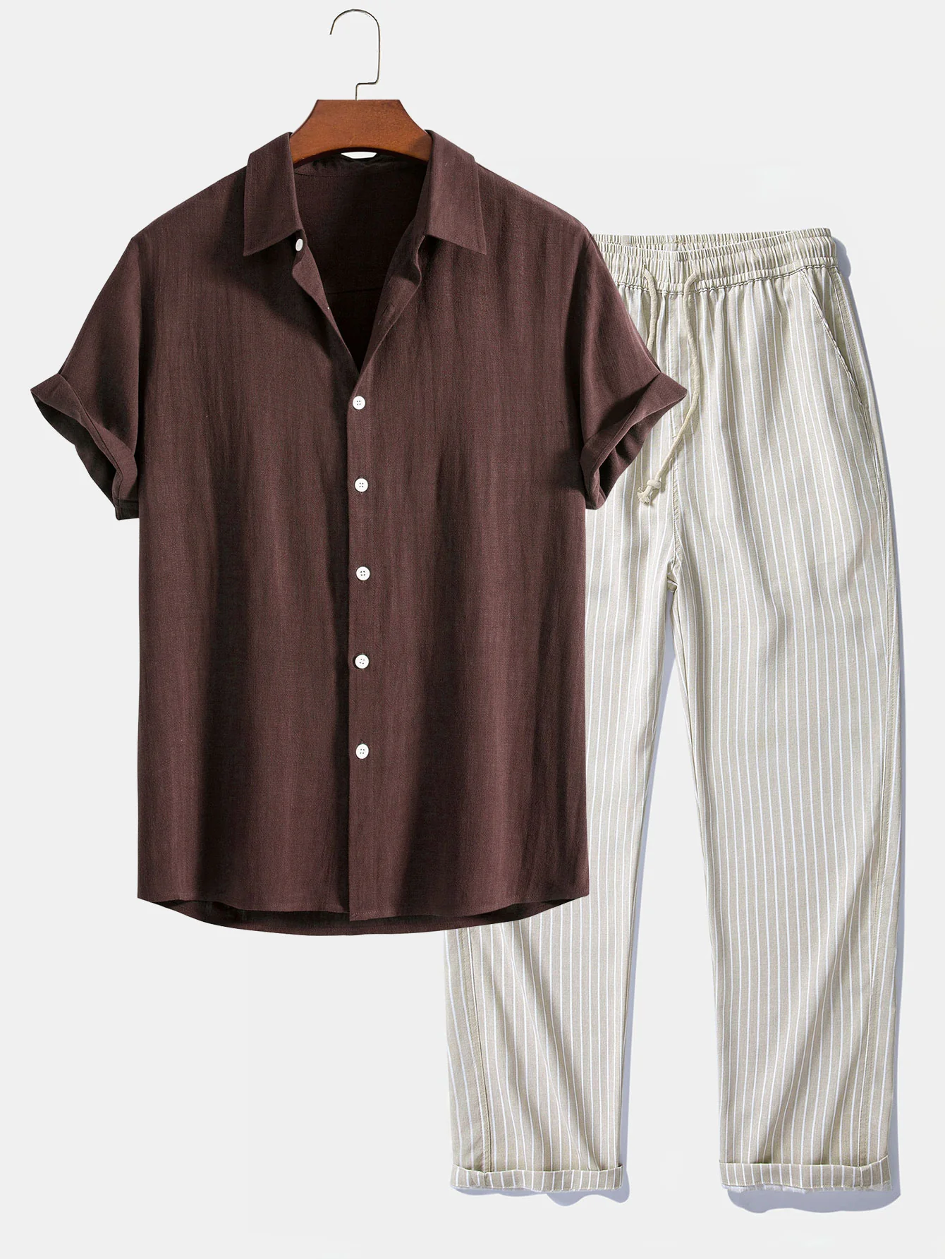 Linen Rayon Blend Button Up Shirt & Stripe Straight Leg Linen Pants - Image 4