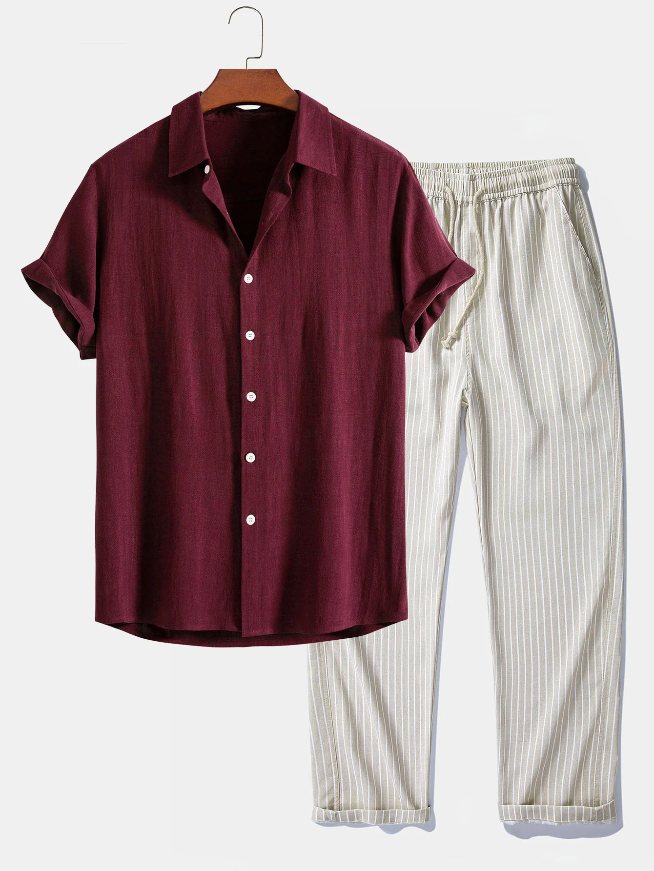 Linen Rayon Blend Button Up Shirt & Stripe Straight Leg Linen Pants - Image 5
