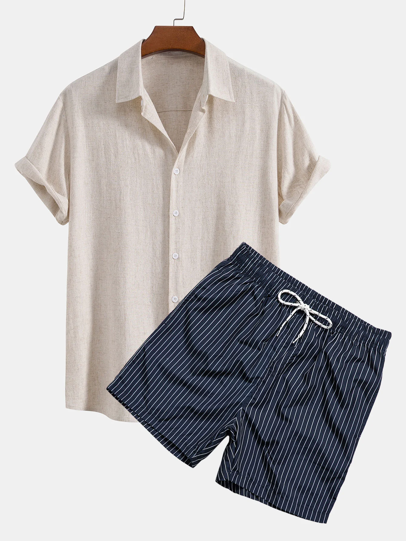 Leinen-Rayon-Mischung Hemd mit Knöpfen & gestreifte Badehose