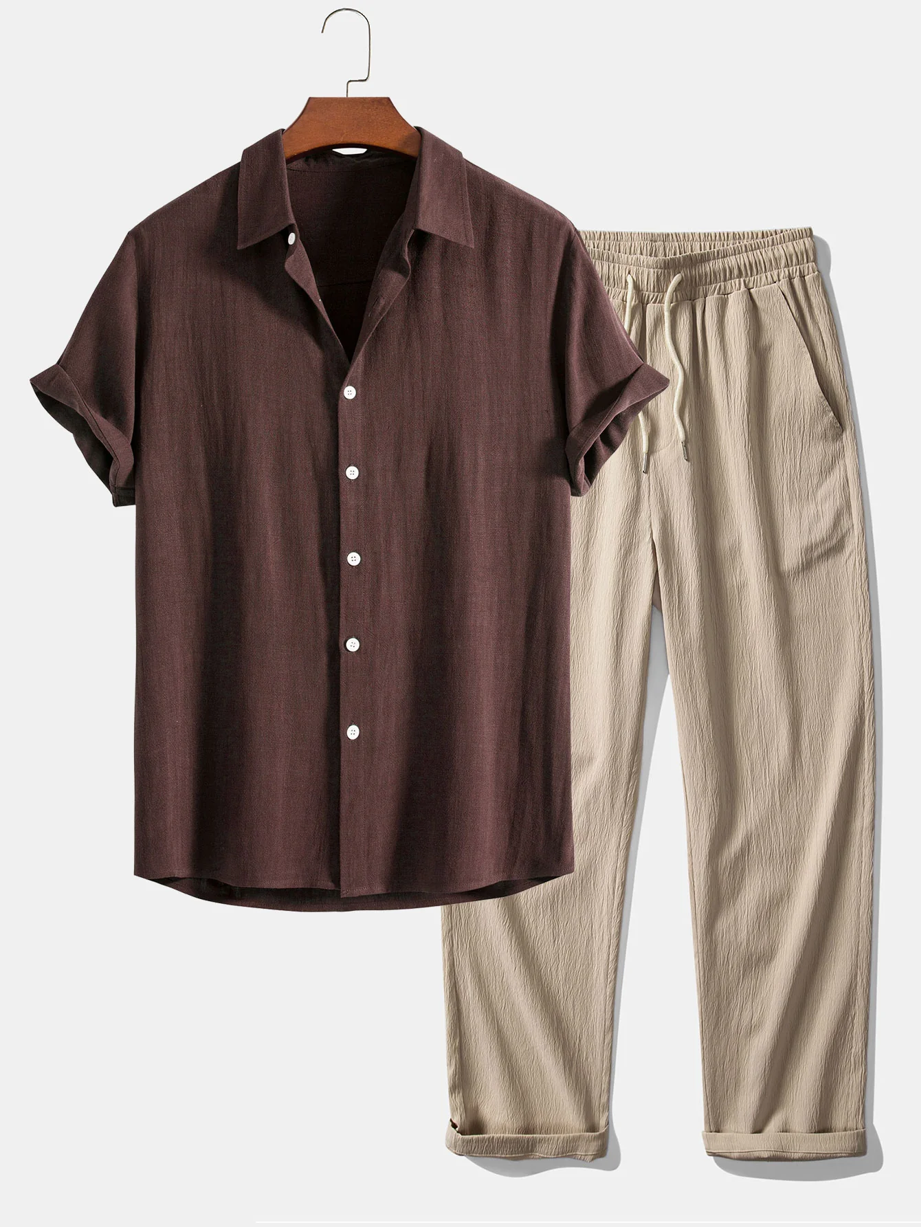 Leinen-Rayon-Mischung Knopf-Down-Hemd & knitterstrukturierte gerade Beinform-Hose - Image 3