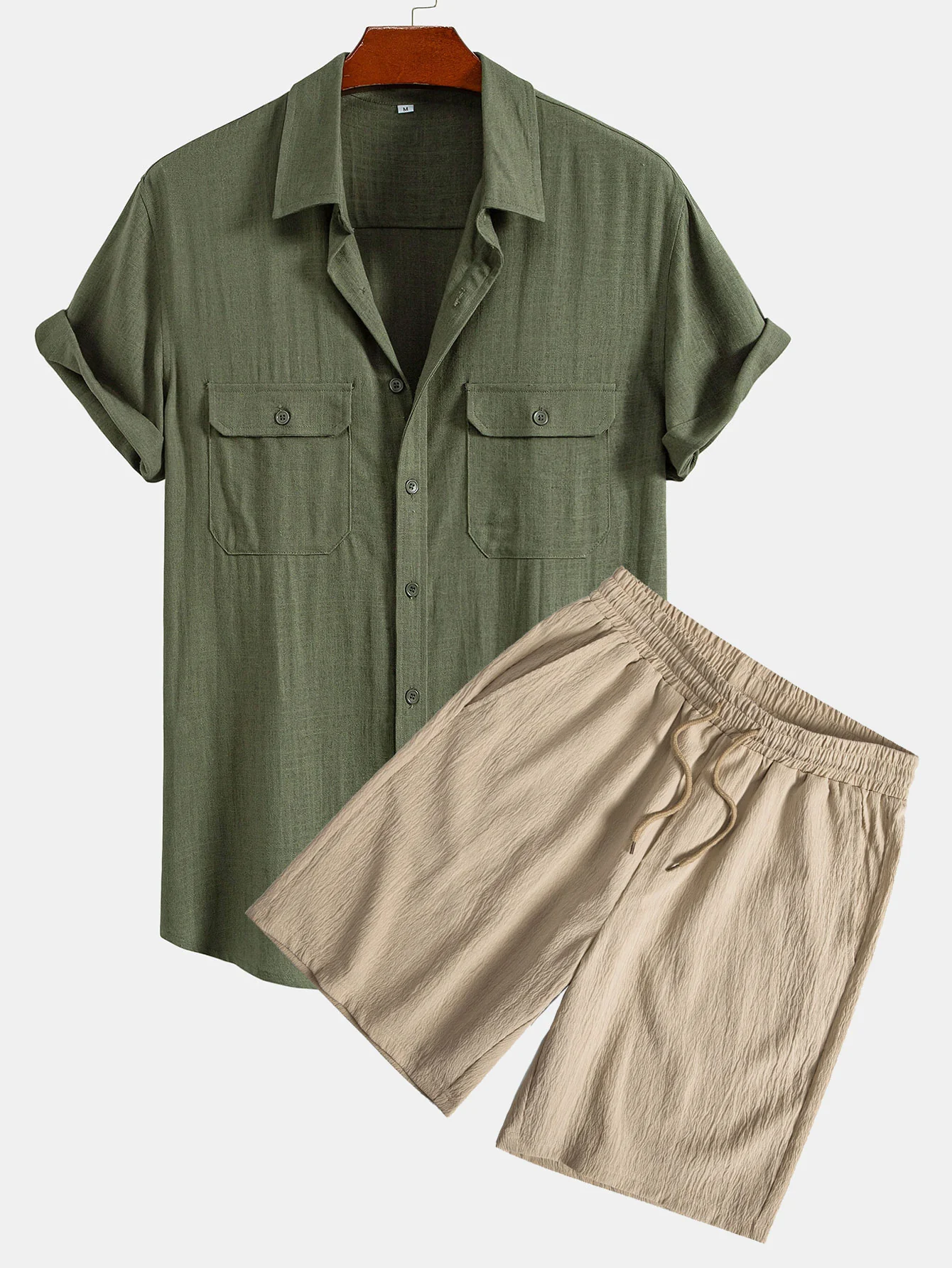 Leinen-Rayon-Mischung Utility-Hemd mit Tasche & gekräuselte, strukturierte Shorts mit Kordelzug Shorts