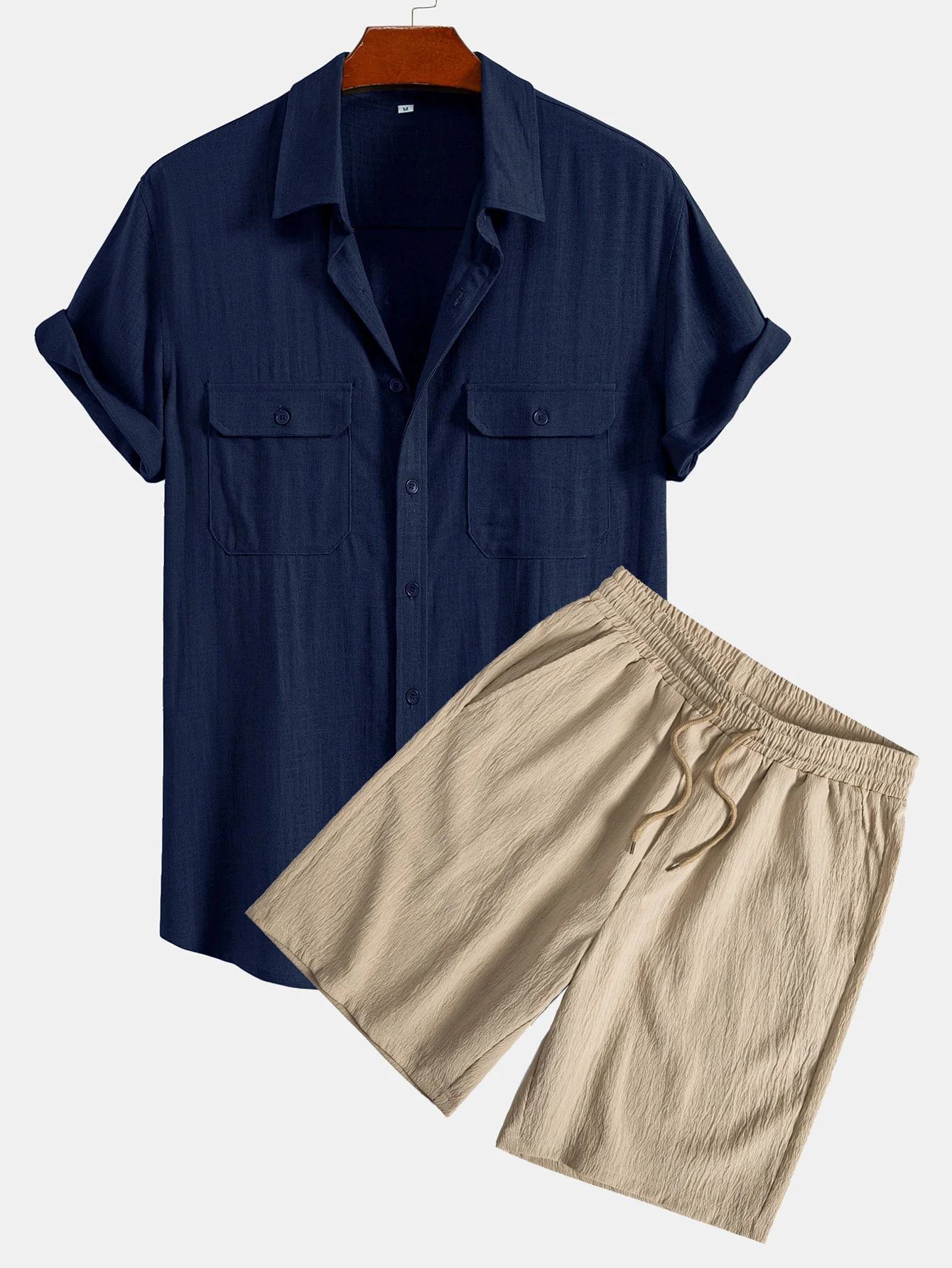 Leinen-Rayon-Mischung Utility-Hemd mit Tasche & gekräuselte, strukturierte Shorts mit Kordelzug Shorts - Image 2