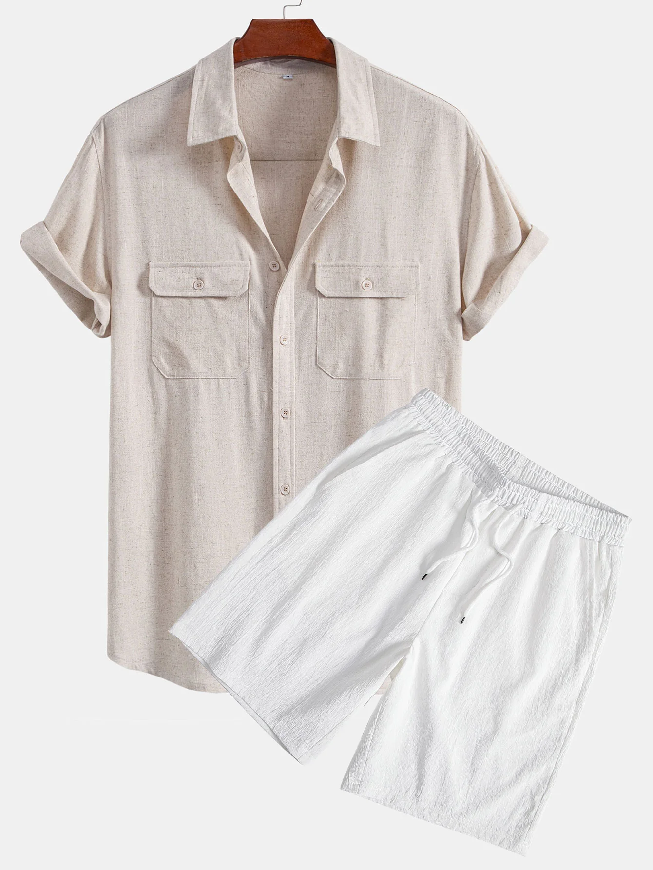 Leinen-Rayon-Mischung Utility-Hemd mit Tasche & gekräuselte, strukturierte Shorts mit Kordelzug Shorts - Image 3