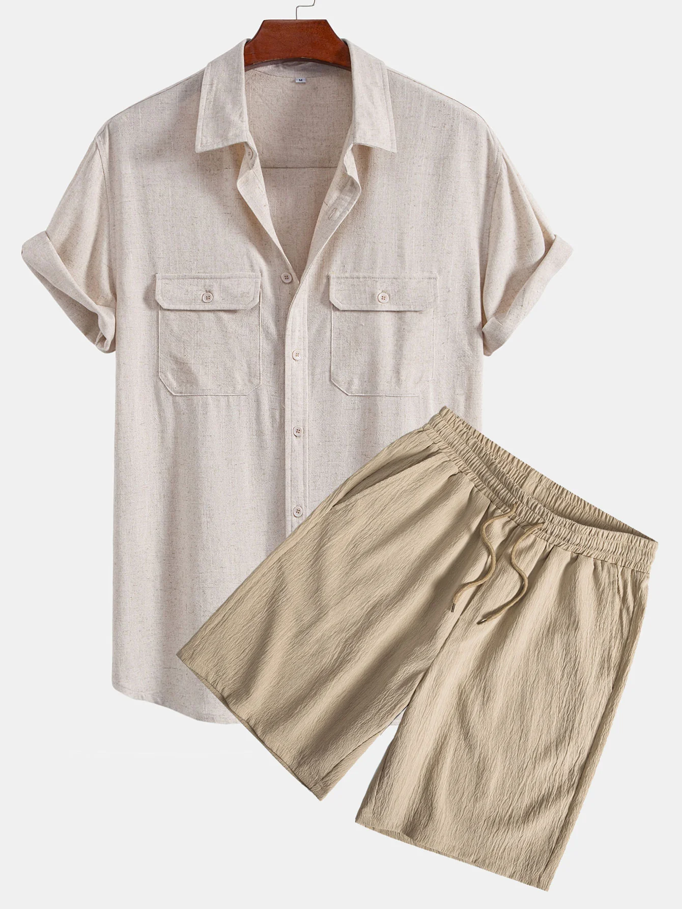 Leinen-Rayon-Mischung Utility-Hemd mit Tasche & gekräuselte, strukturierte Shorts mit Kordelzug Shorts - Image 4