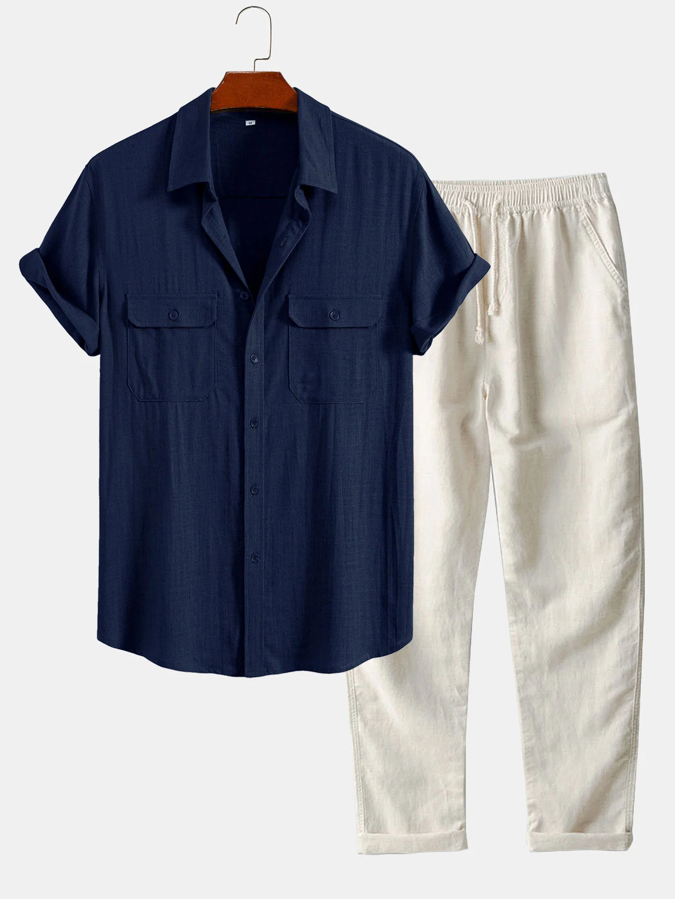 Leinen-Rayon-Mischung Utility-Hemd mit Tasche & Leinenhose mit geradem Bein