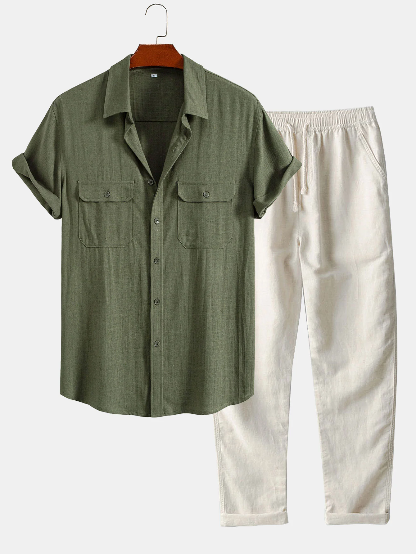 Leinen-Rayon-Mischung Utility-Hemd mit Tasche & Leinenhose mit geradem Bein - Image 2