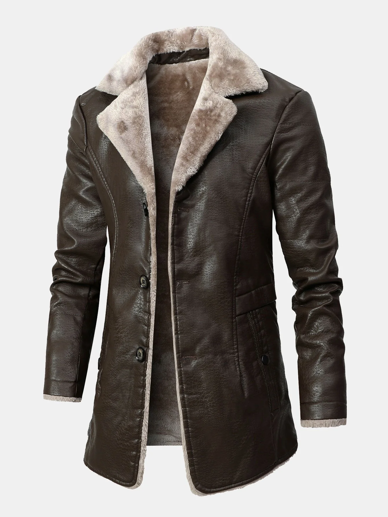 Lange Linie Kunstfell gefütterte PU-Lederjacke