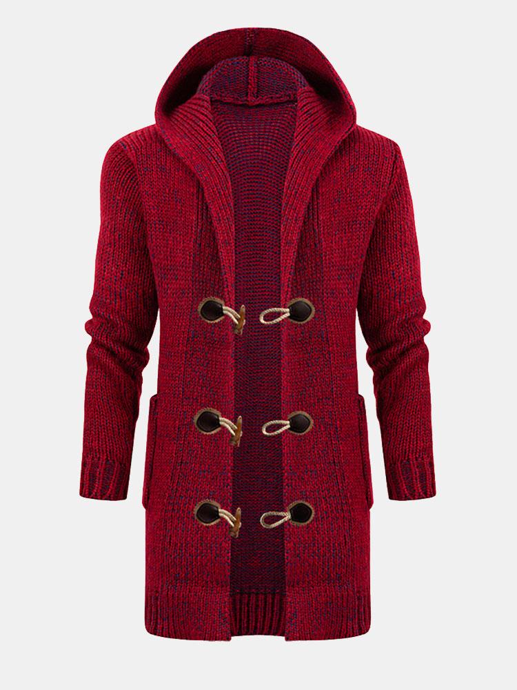 Lange Linie Horn Schnalle Kapuzen Strickjacke - Image 3