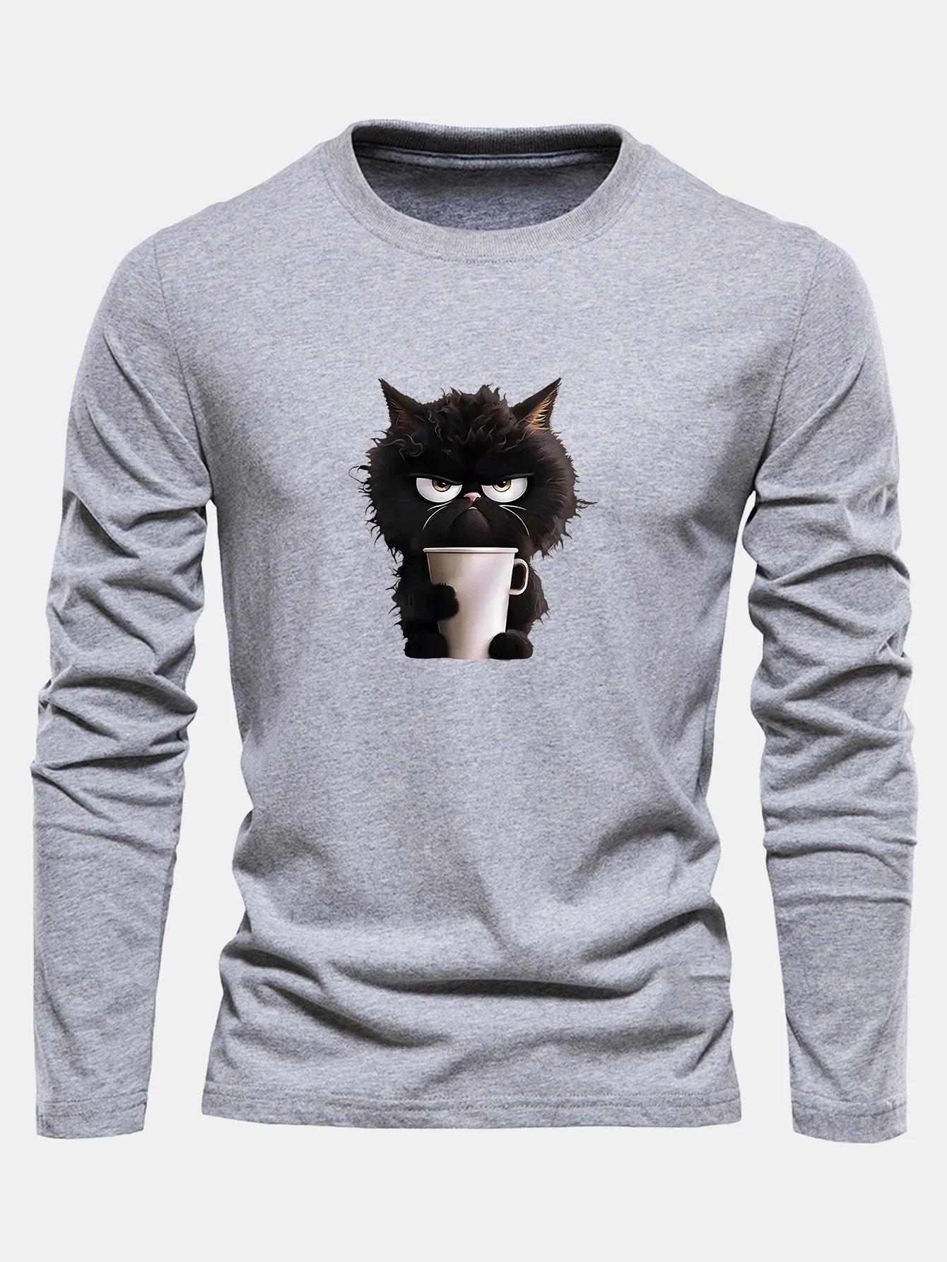 Langarm Schwarze Katze Kaffee trinkend Druck Baumwoll T-Shirt
